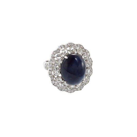 18KT White Gold Cabochon Cut Blue Sapphire And Diamond Ring
