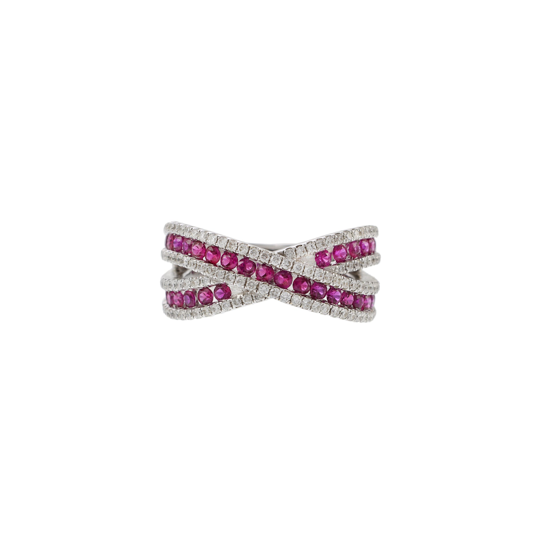 18KT White Gold Ruby and Diamond Criss Cross Ring