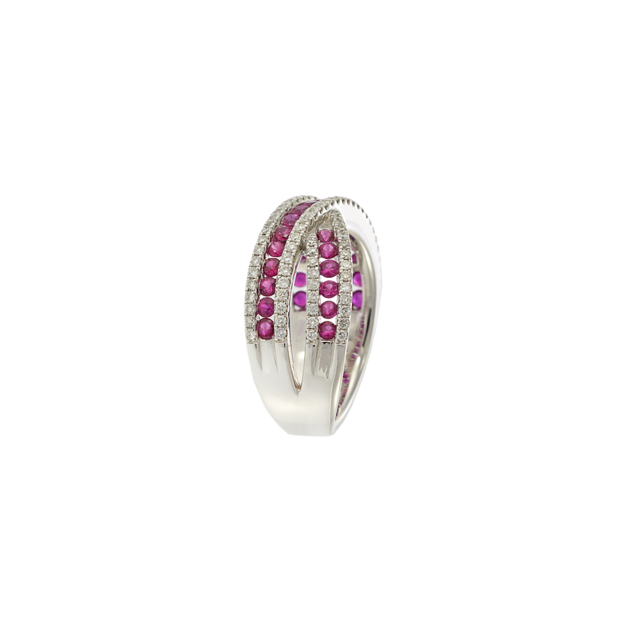 18KT White Gold Ruby and Diamond Criss Cross Ring