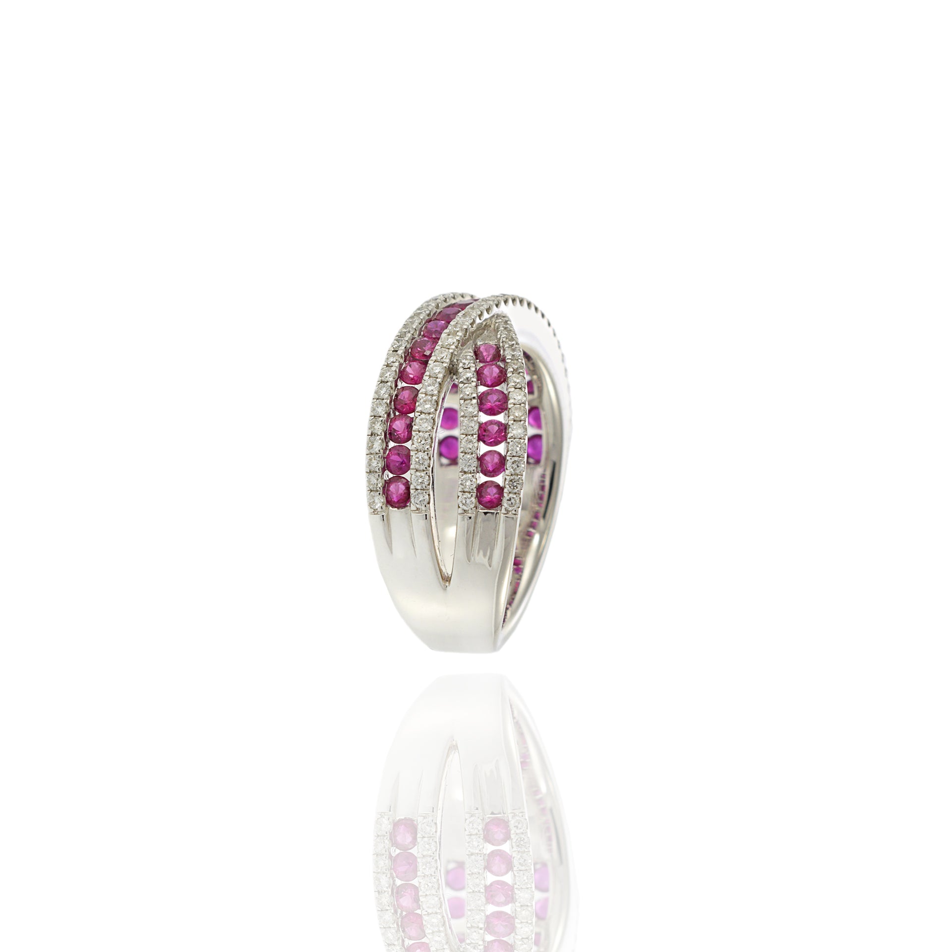 18KT White Gold Ruby and Diamond Criss Cross Ring