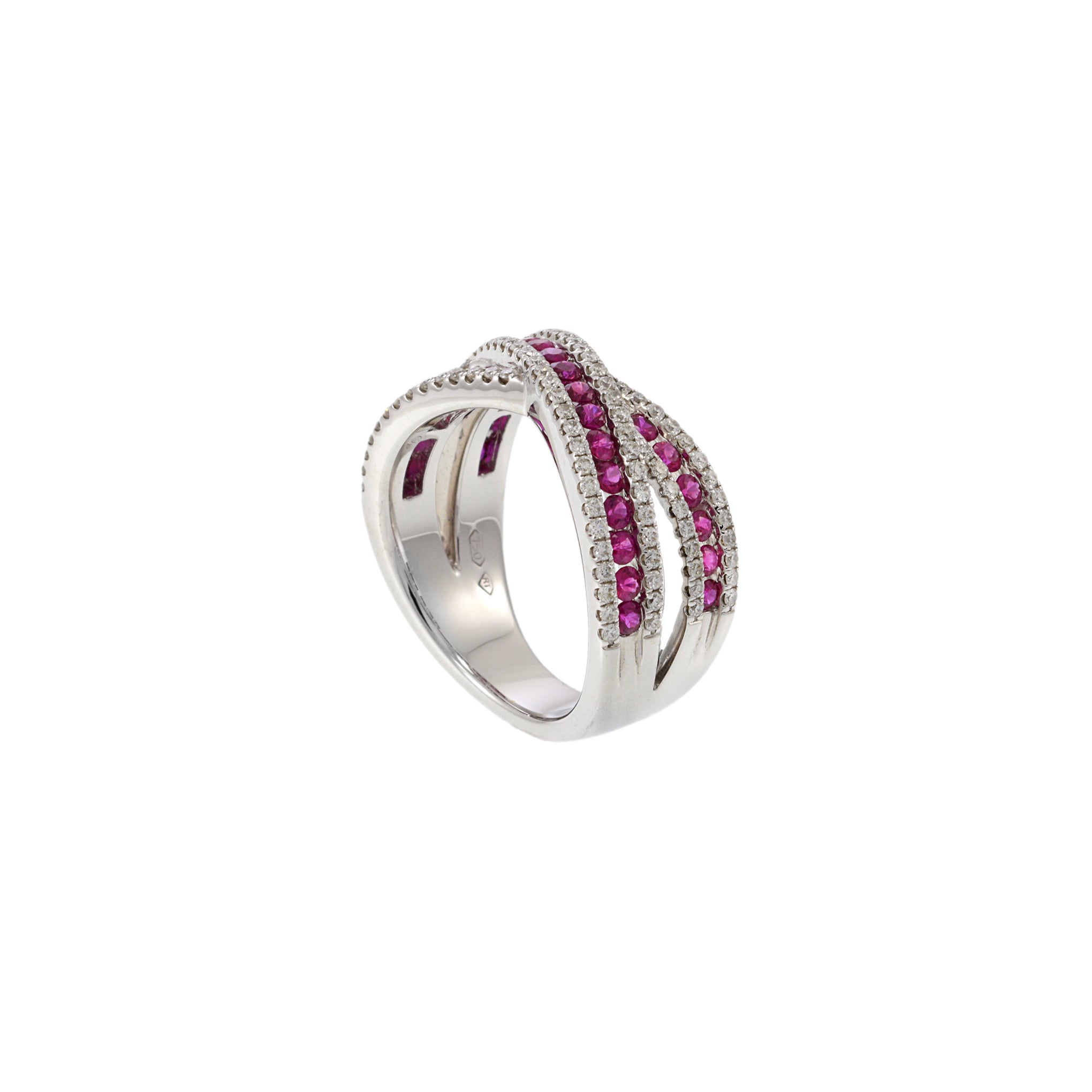 18KT White Gold Ruby and Diamond Criss Cross Ring