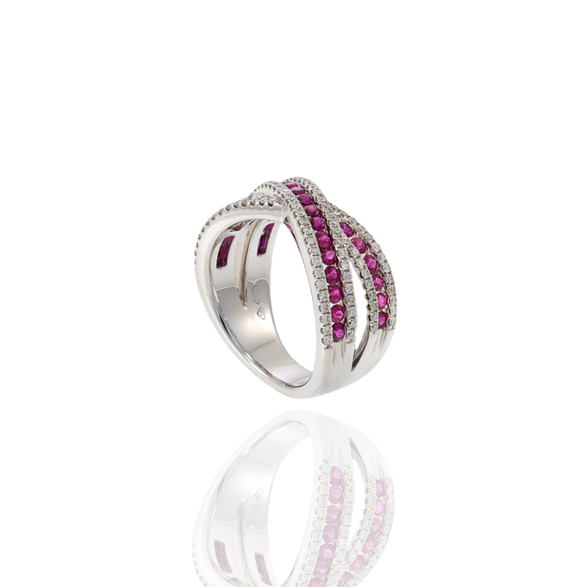 18KT White Gold Ruby and Diamond Criss Cross Ring