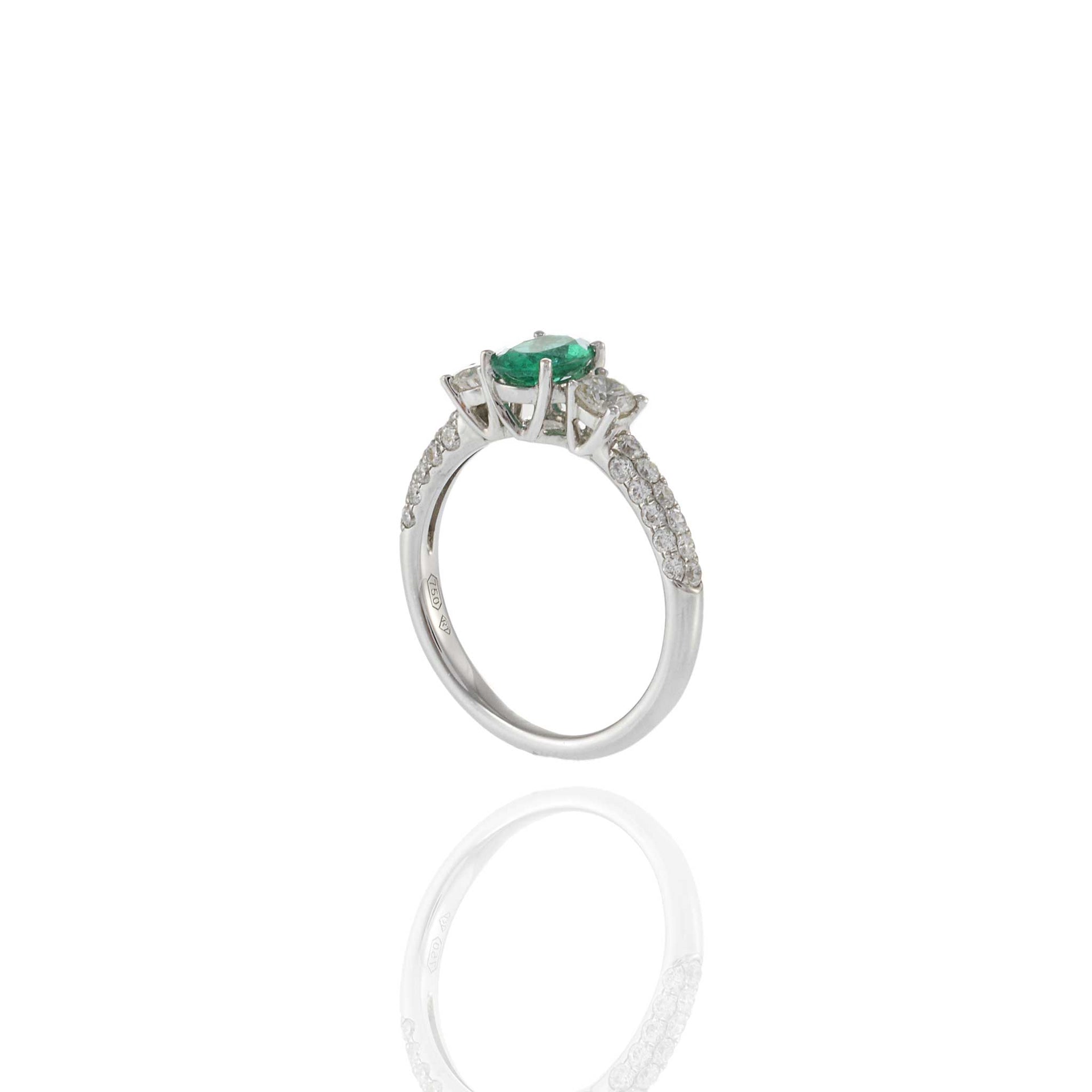 18KT White Gold Oval Emerald and Diamond Ring