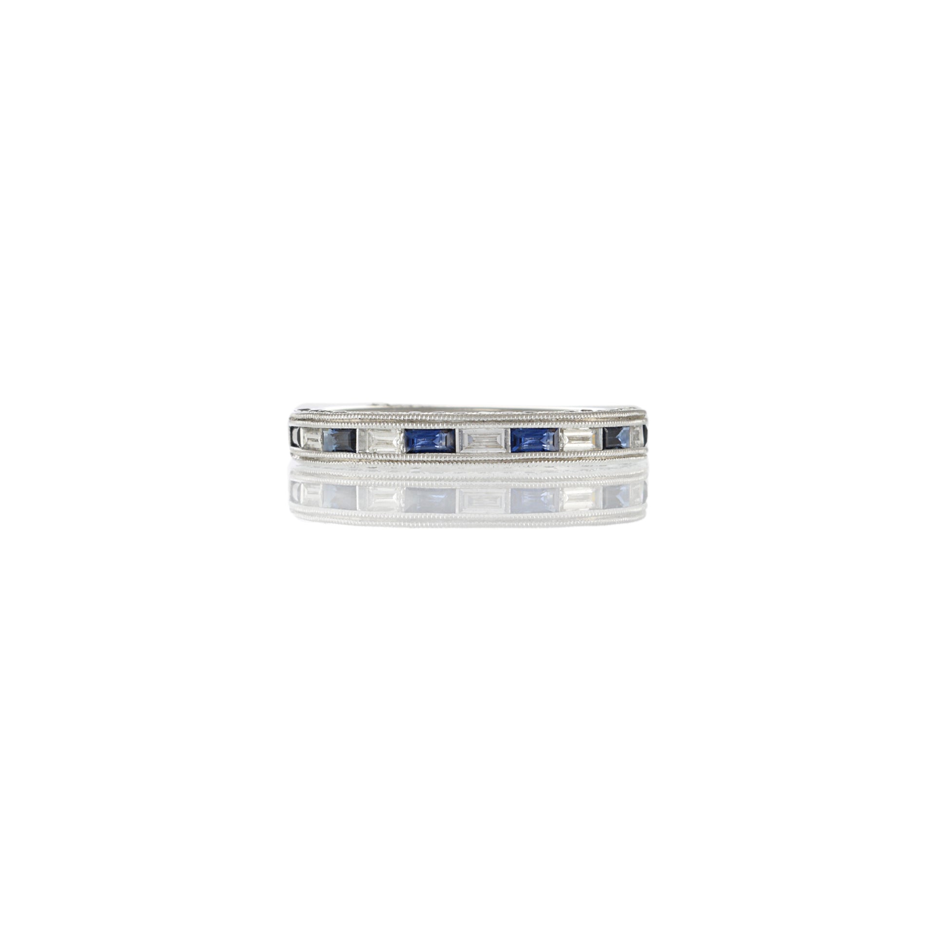 18KT White Gold Channel-Set Sapphire and Diamond Milgrain Edge Band