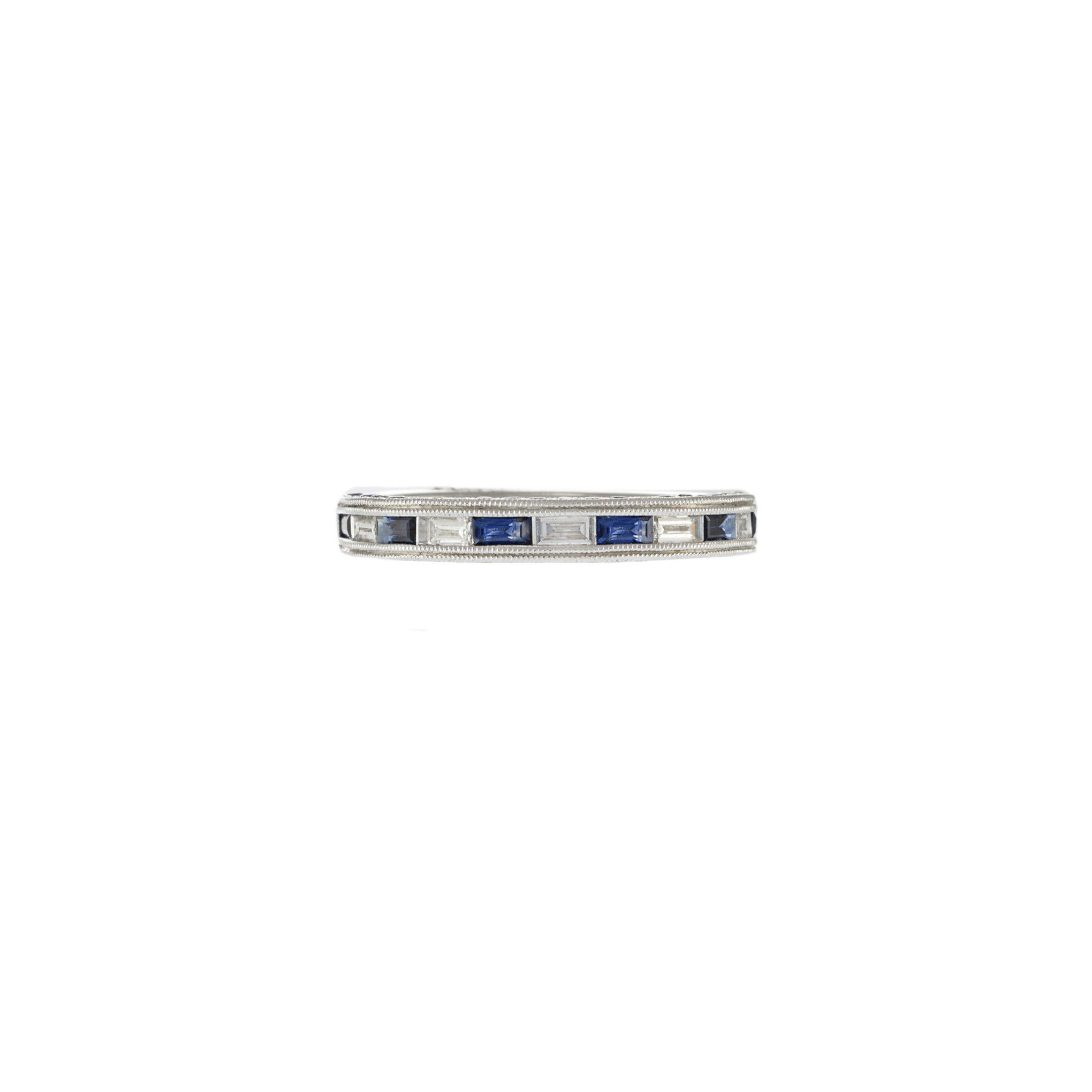 18KT White Gold Channel-Set Sapphire and Diamond Milgrain Edge Band