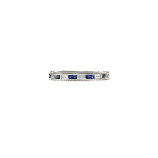 18KT White Gold Channel-Set Sapphire and Diamond Milgrain Edge Band