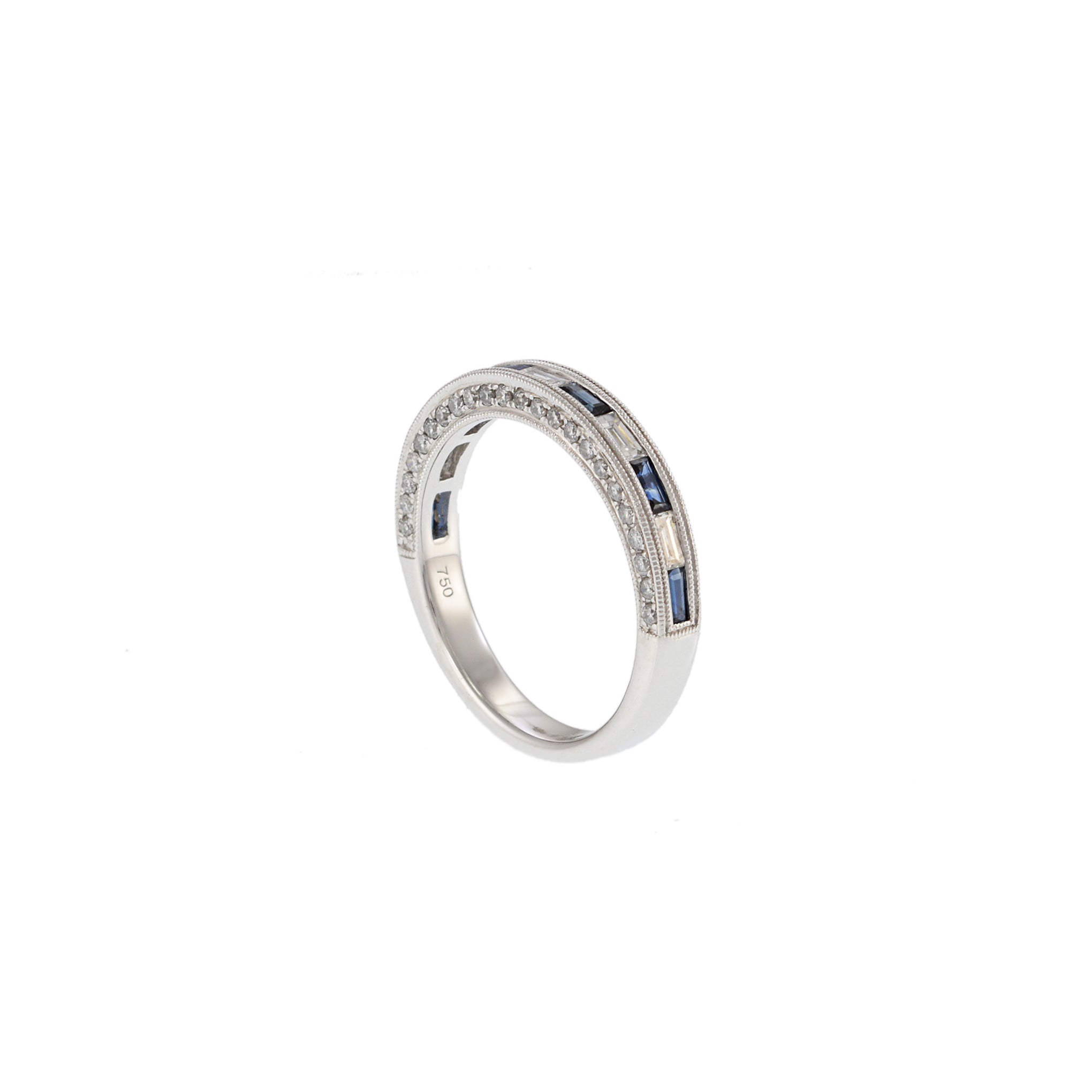 18KT White Gold Channel-Set Sapphire and Diamond Milgrain Edge Band