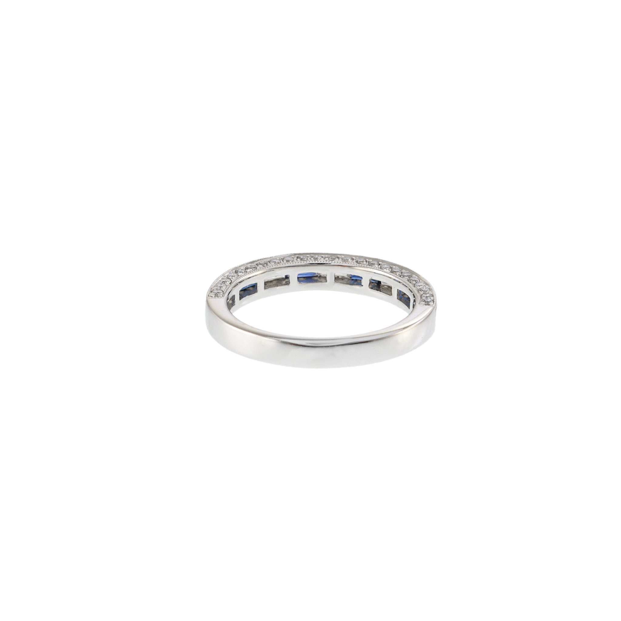 18KT White Gold Channel-Set Sapphire and Diamond Milgrain Edge Band