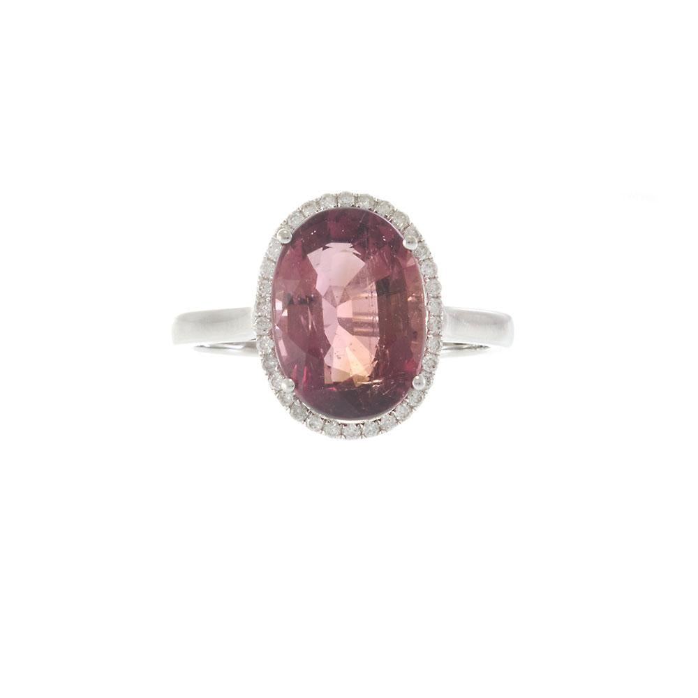 Oval Pink Tourmaline and Diamond Halo Ring in 18KT White Gold
