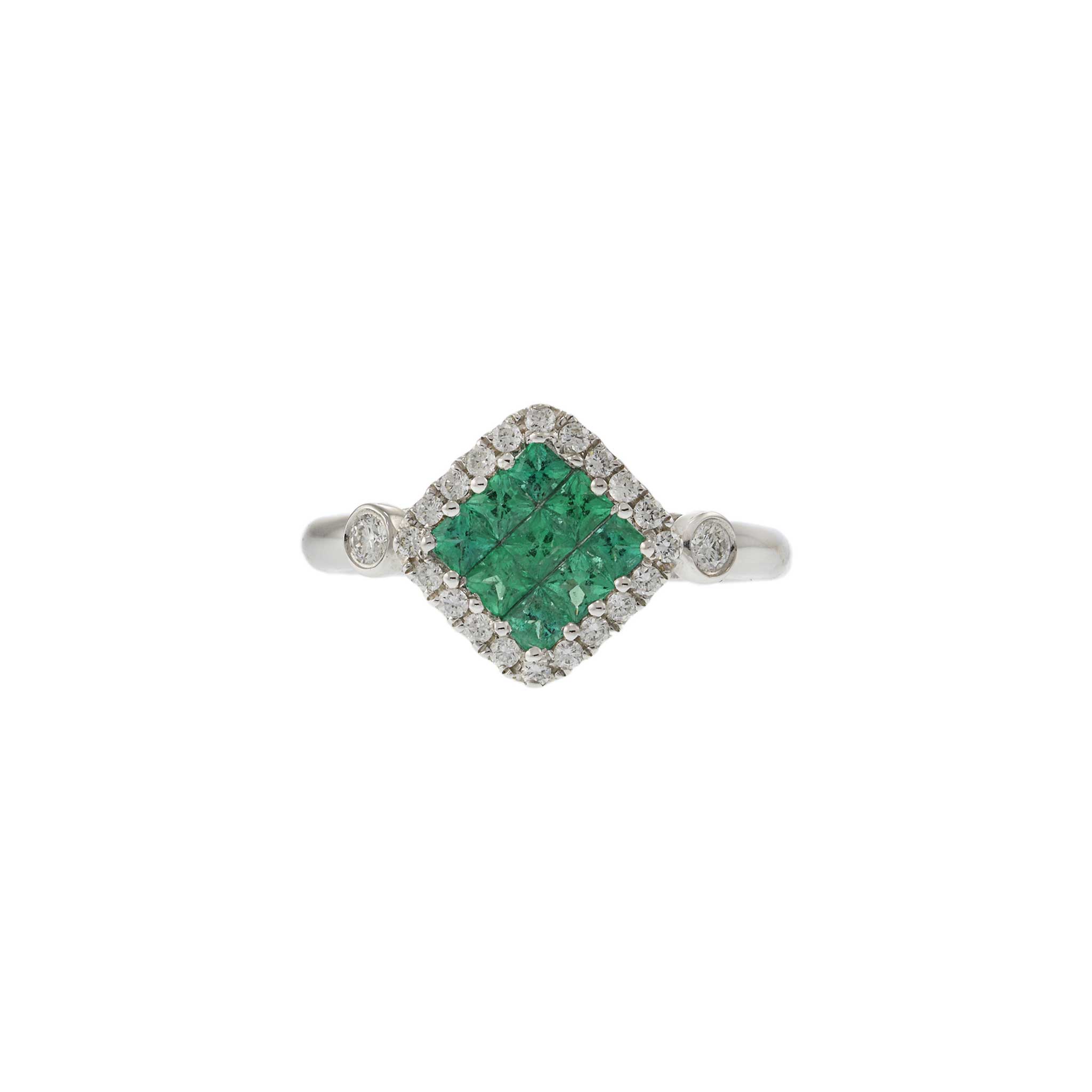 18KT White Gold Cushion Style Halo Emerald and Diamond Ring