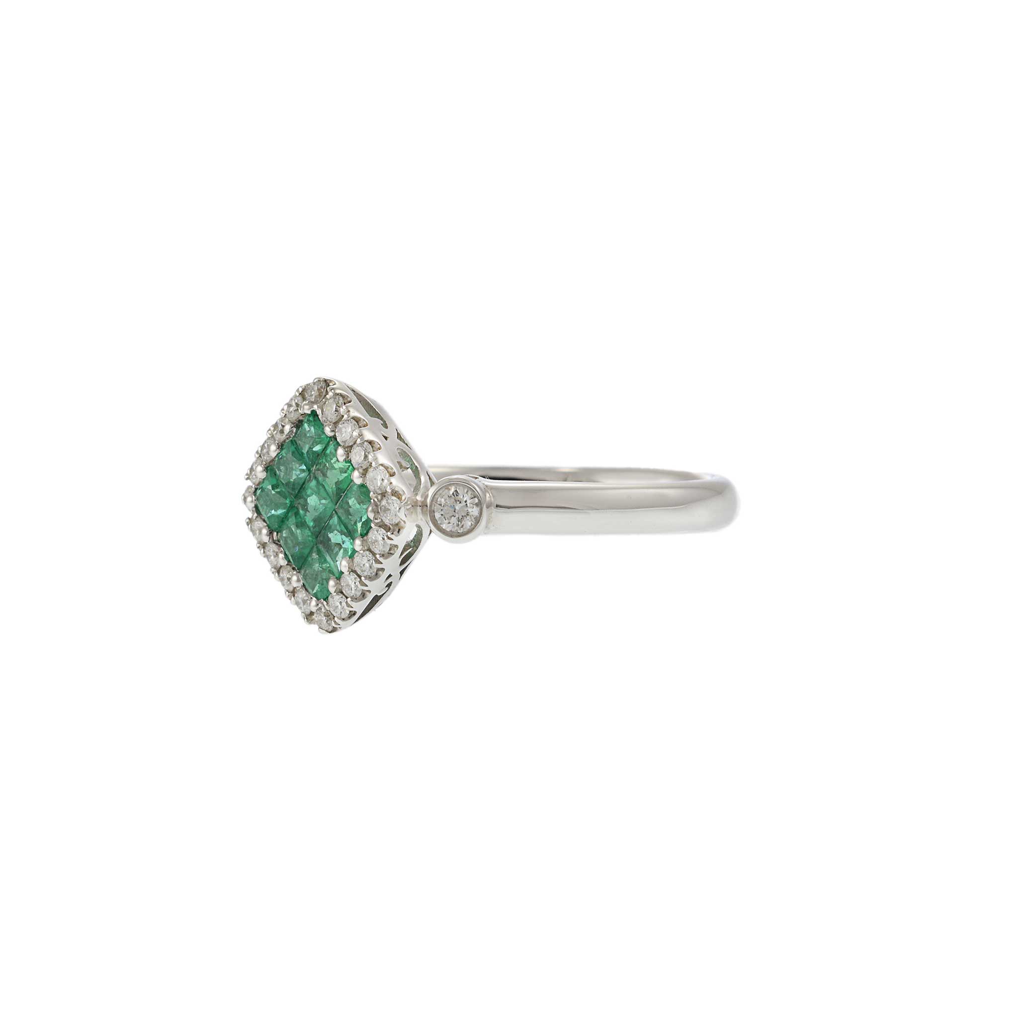 18KT White Gold Cushion Style Halo Emerald and Diamond Ring