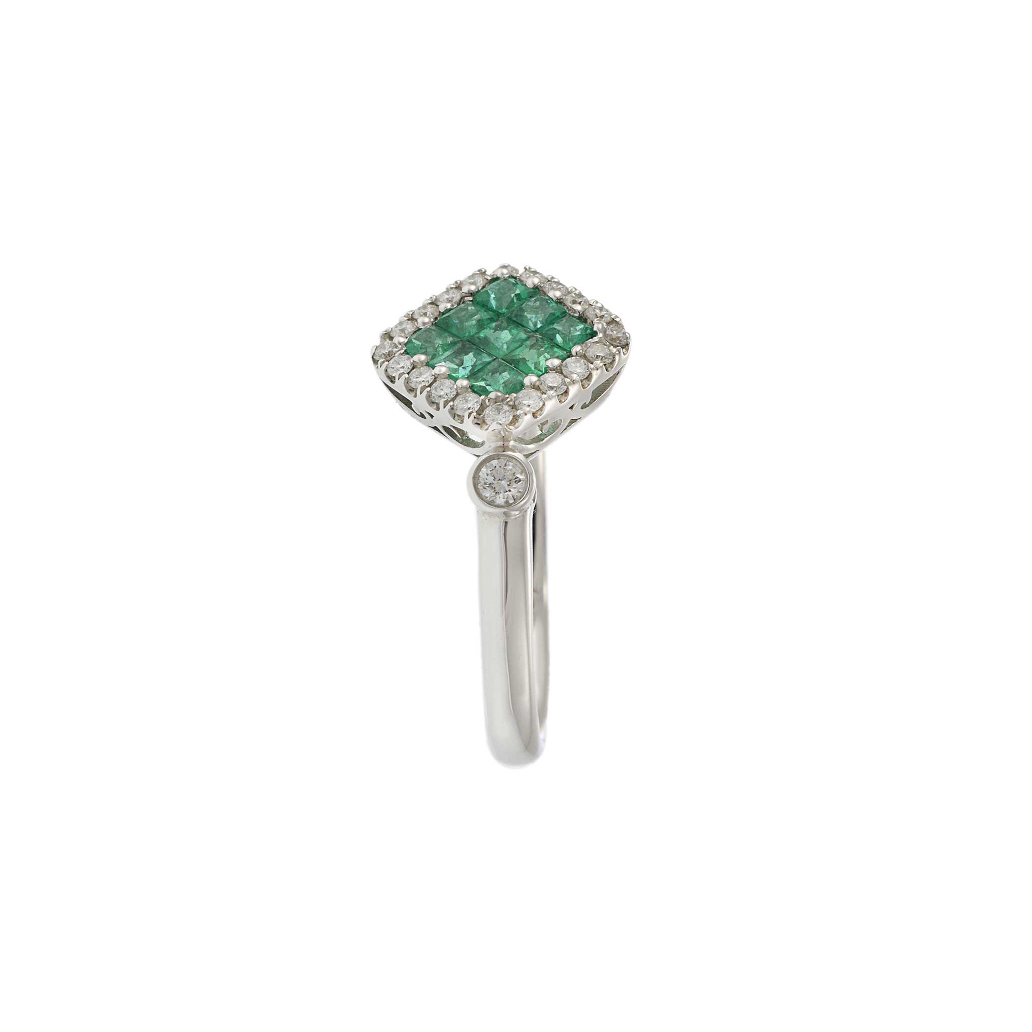 18KT White Gold Cushion Style Halo Emerald and Diamond Ring