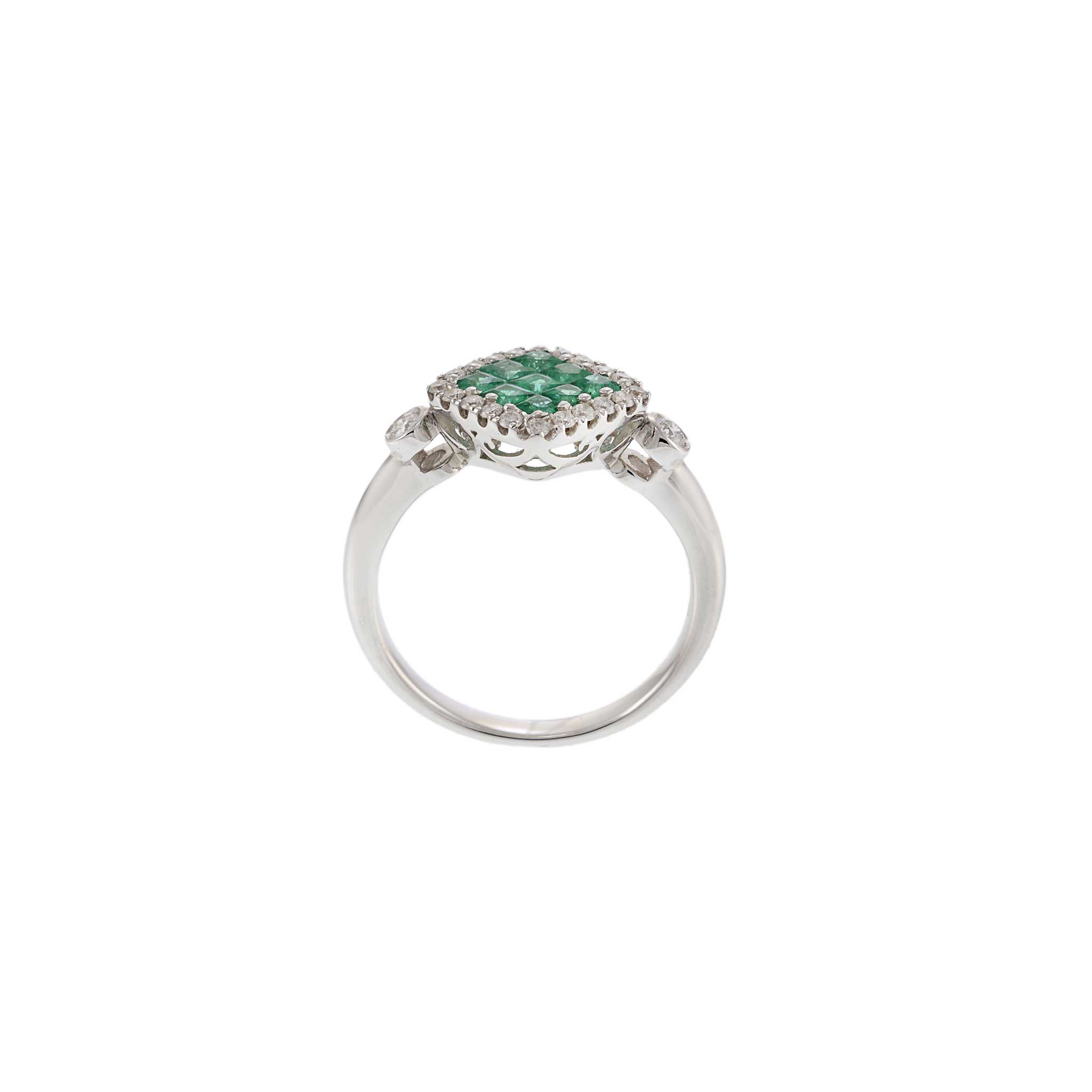 18KT White Gold Cushion Style Halo Emerald and Diamond Ring