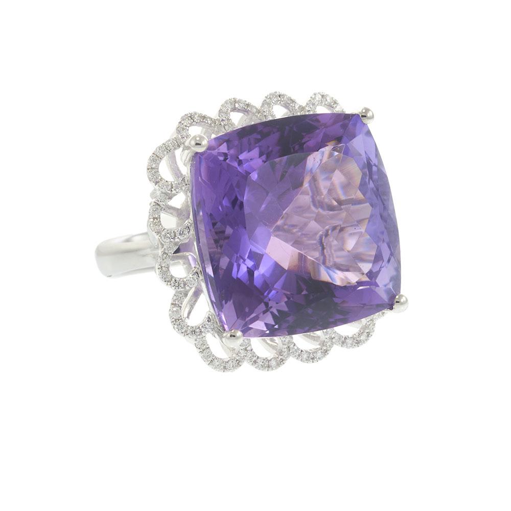 18KT White Gold Cushion Cut Amethyst and Diamond Ring