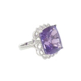 18KT White Gold Cushion Cut Amethyst and Diamond Ring