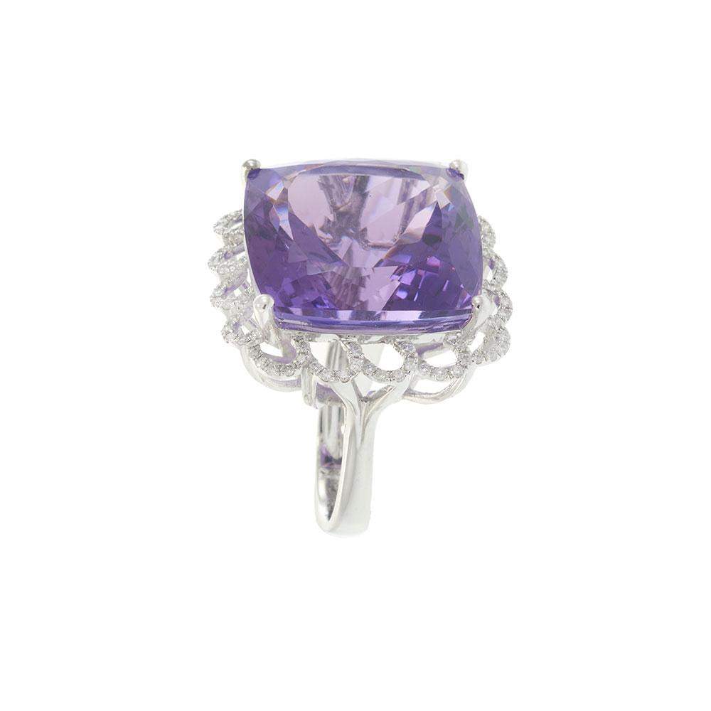 18KT White Gold Cushion Cut Amethyst and Diamond Ring