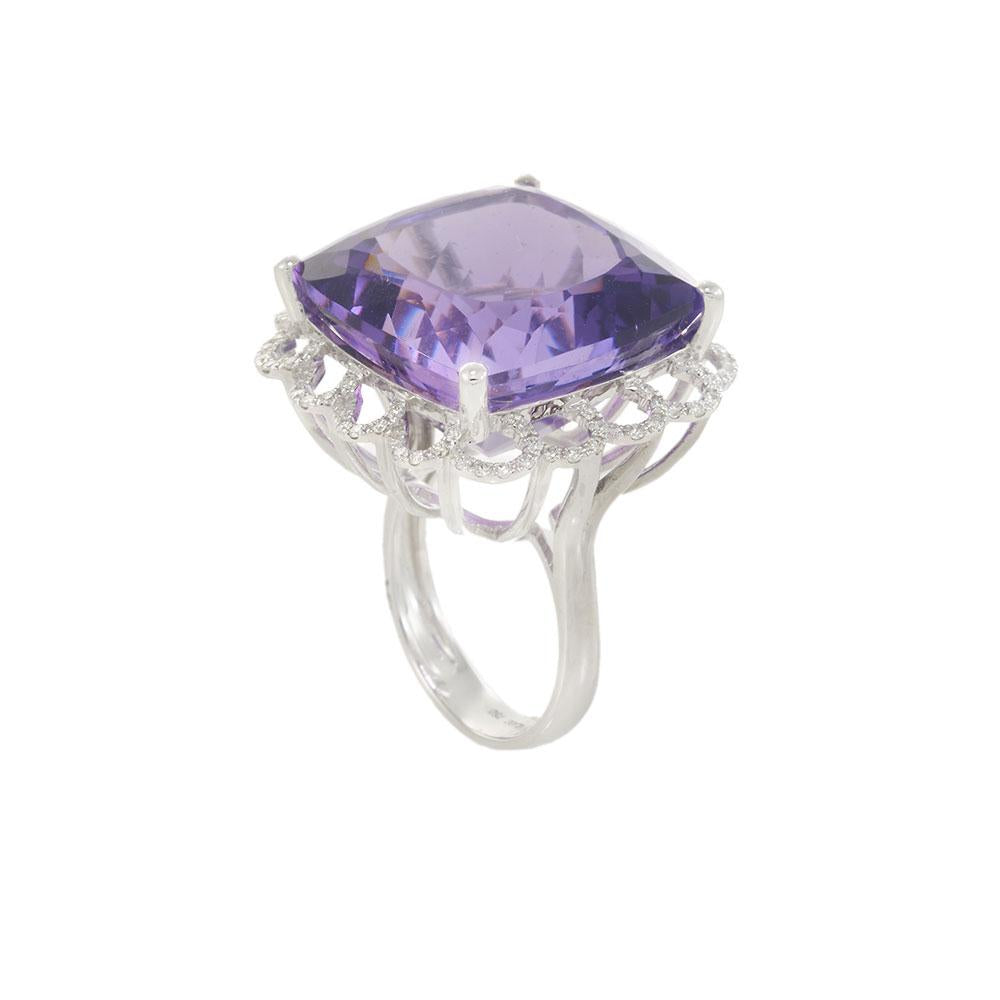 18KT White Gold Cushion Cut Amethyst and Diamond Ring