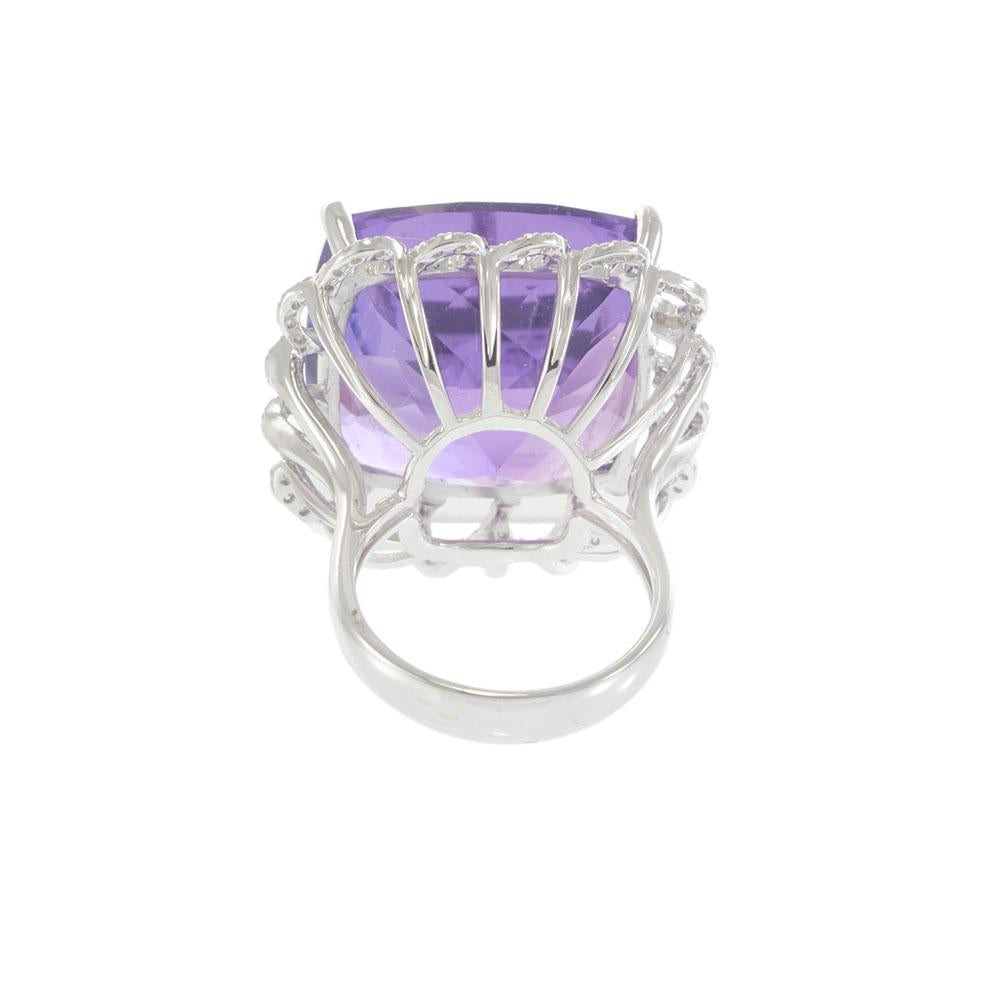18KT White Gold Cushion Cut Amethyst and Diamond Ring