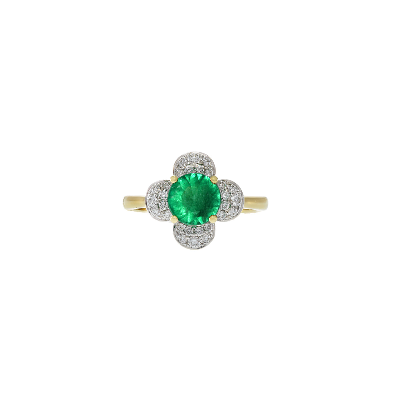 18KT Yellow Gold Emerald And Diamond Flower Ring