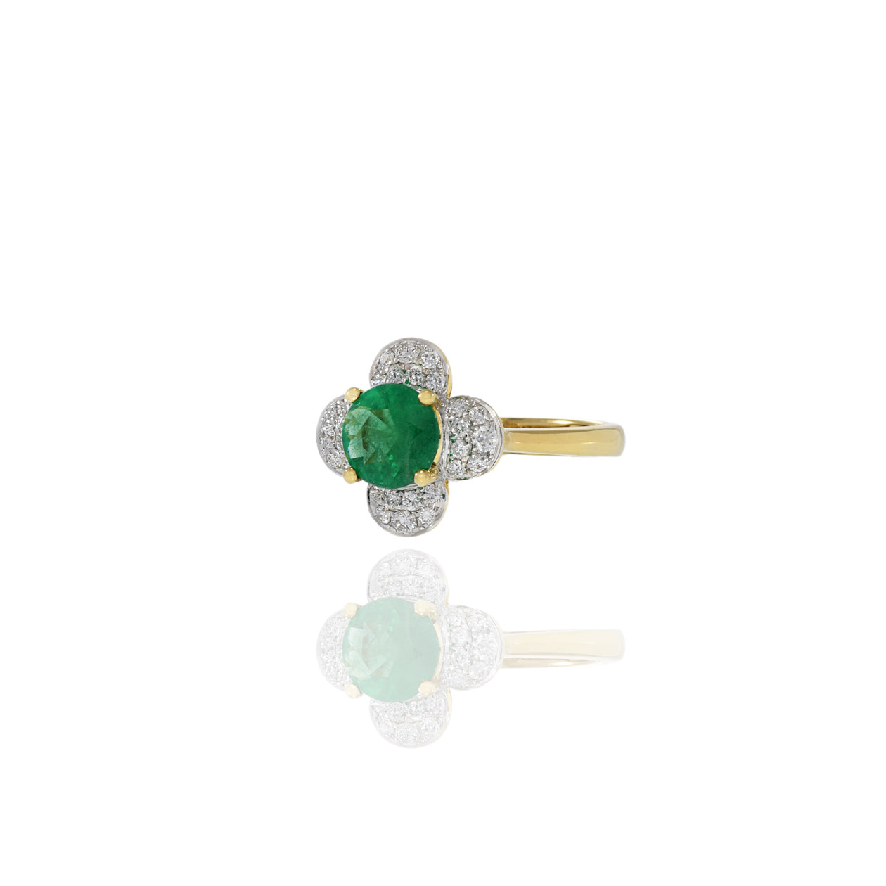 18KT Yellow Gold Emerald And Diamond Flower Ring