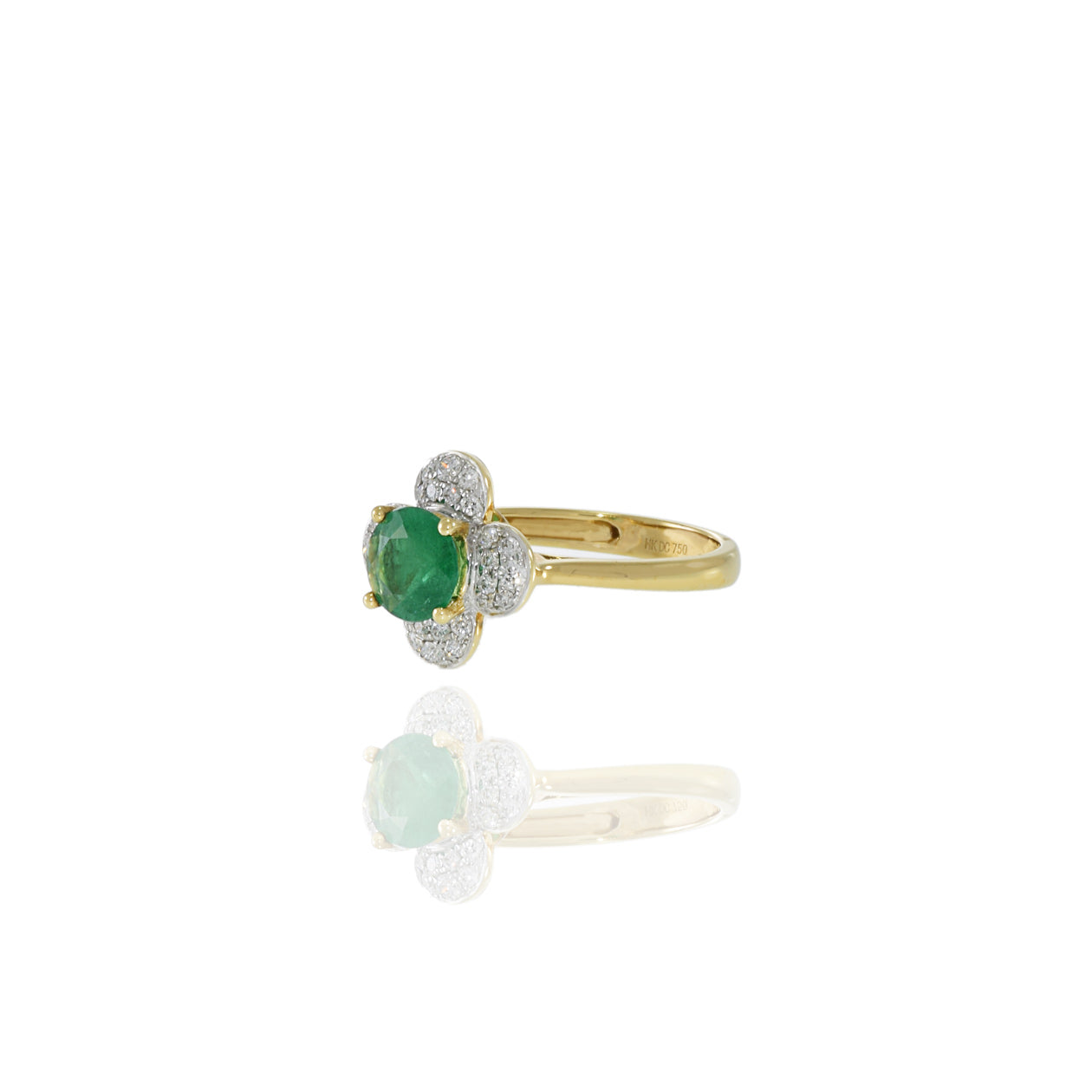 18KT Yellow Gold Emerald And Diamond Flower Ring