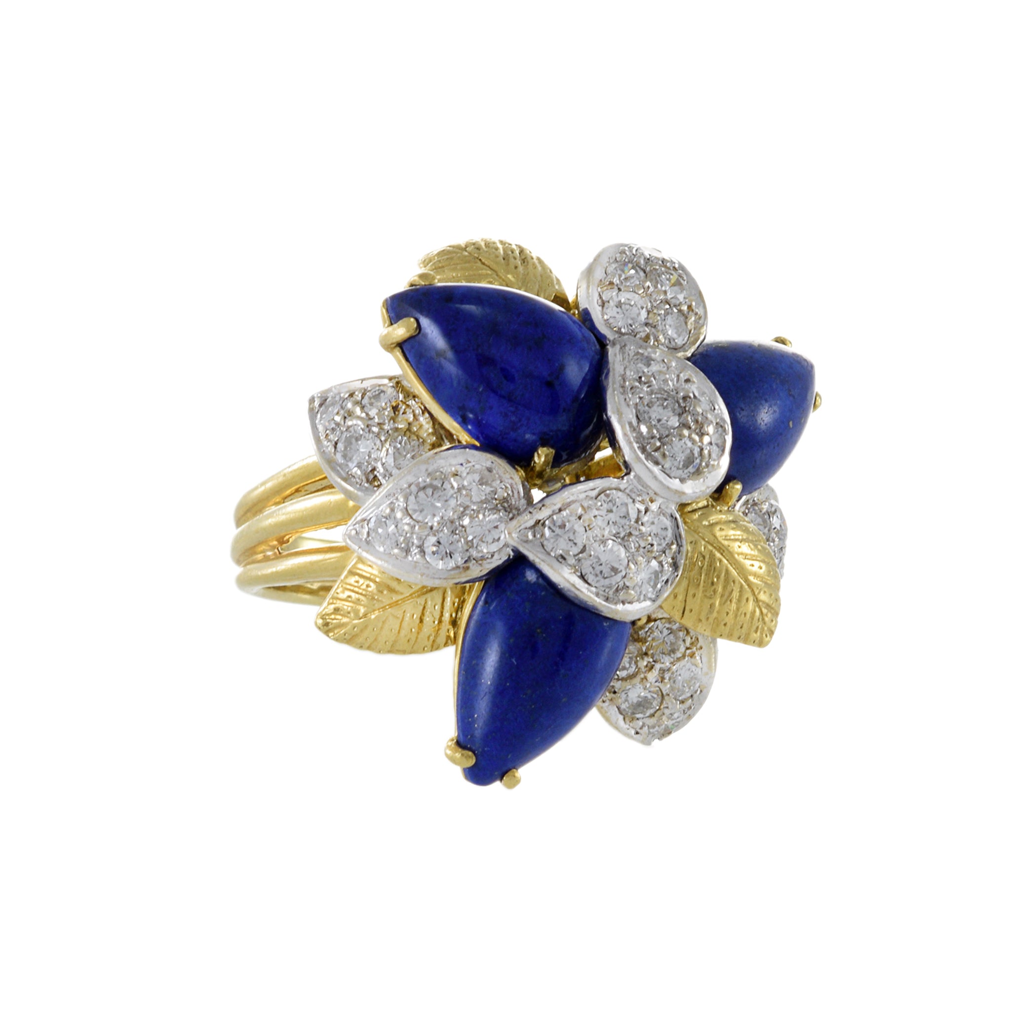 Retro Era 18KT Yellow Gold Lapis Lazuli And Diamond Flower Ring