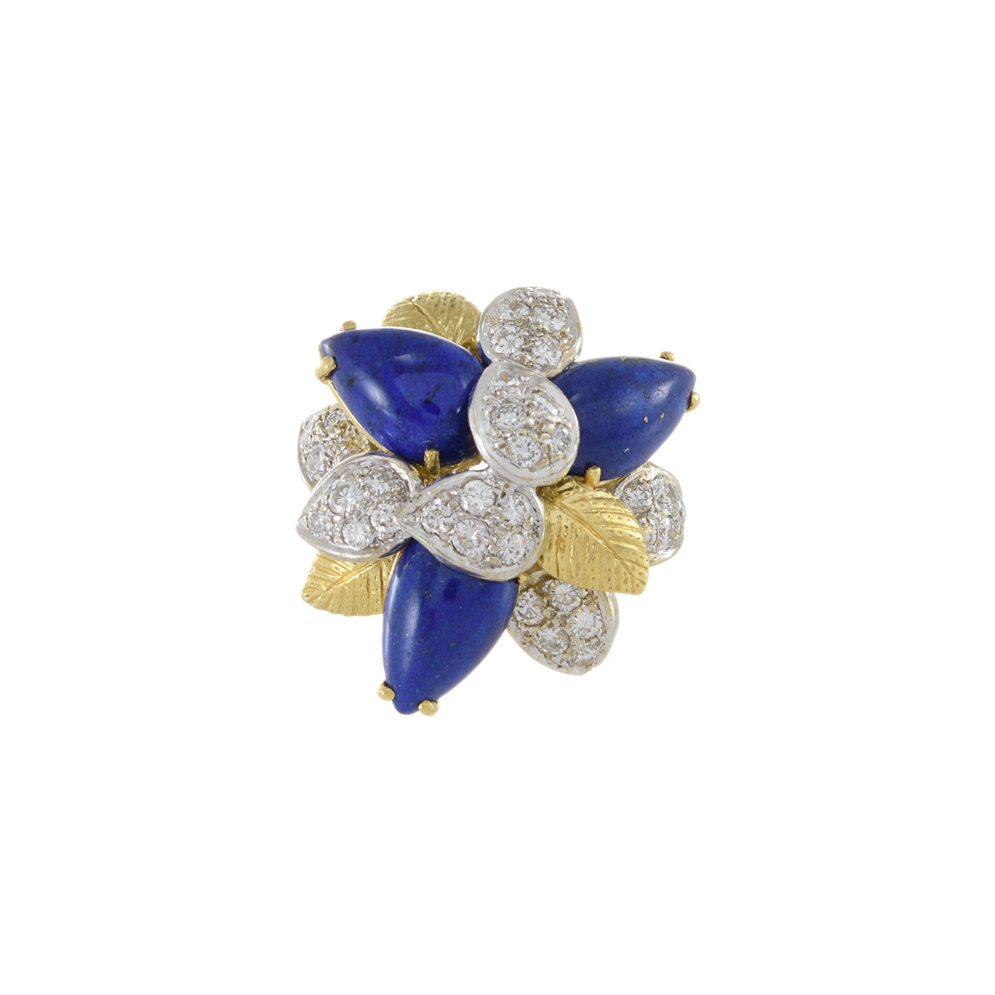 Retro Era 18KT Yellow Gold Lapis Lazuli And Diamond Flower Ring