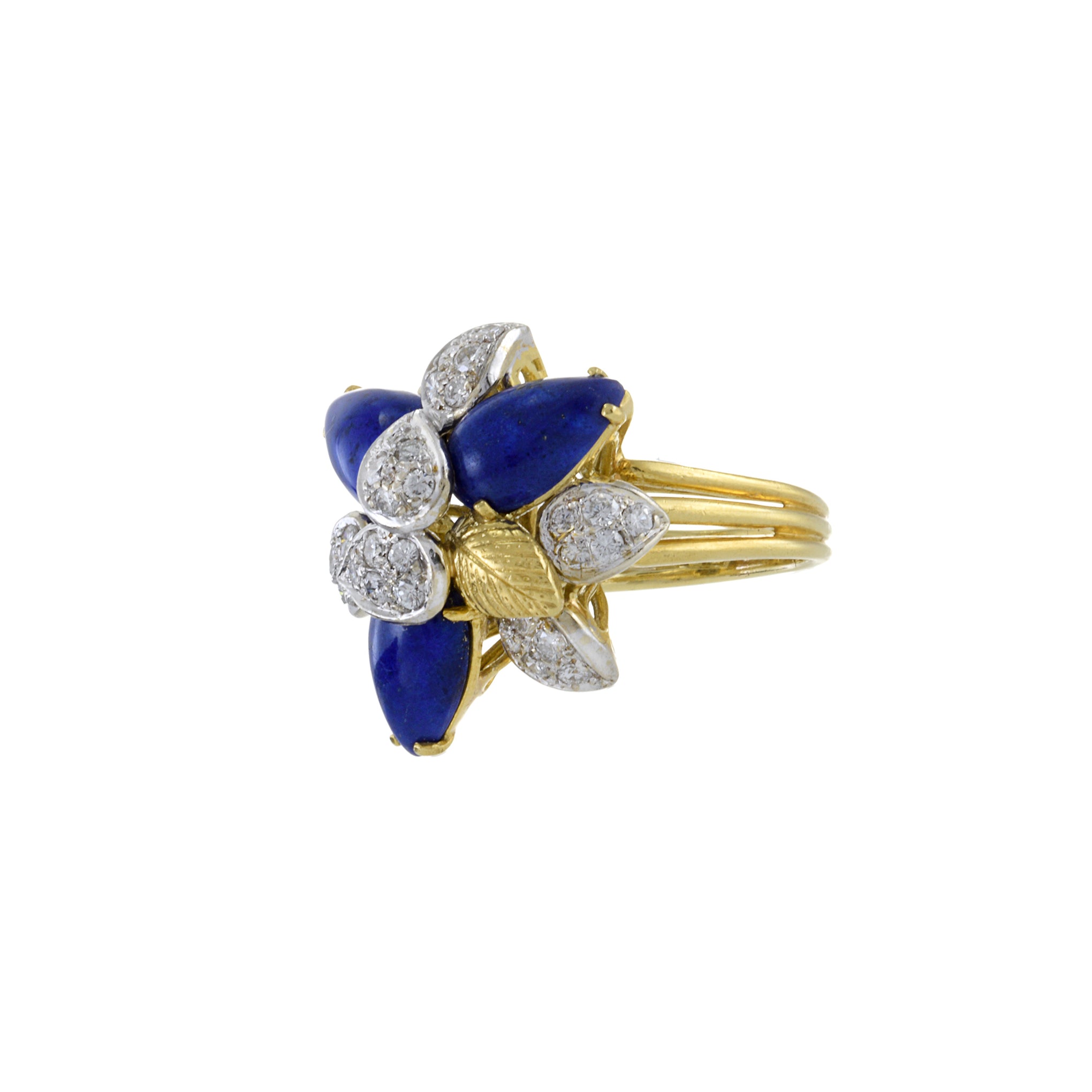 Retro Era 18KT Yellow Gold Lapis Lazuli And Diamond Flower Ring