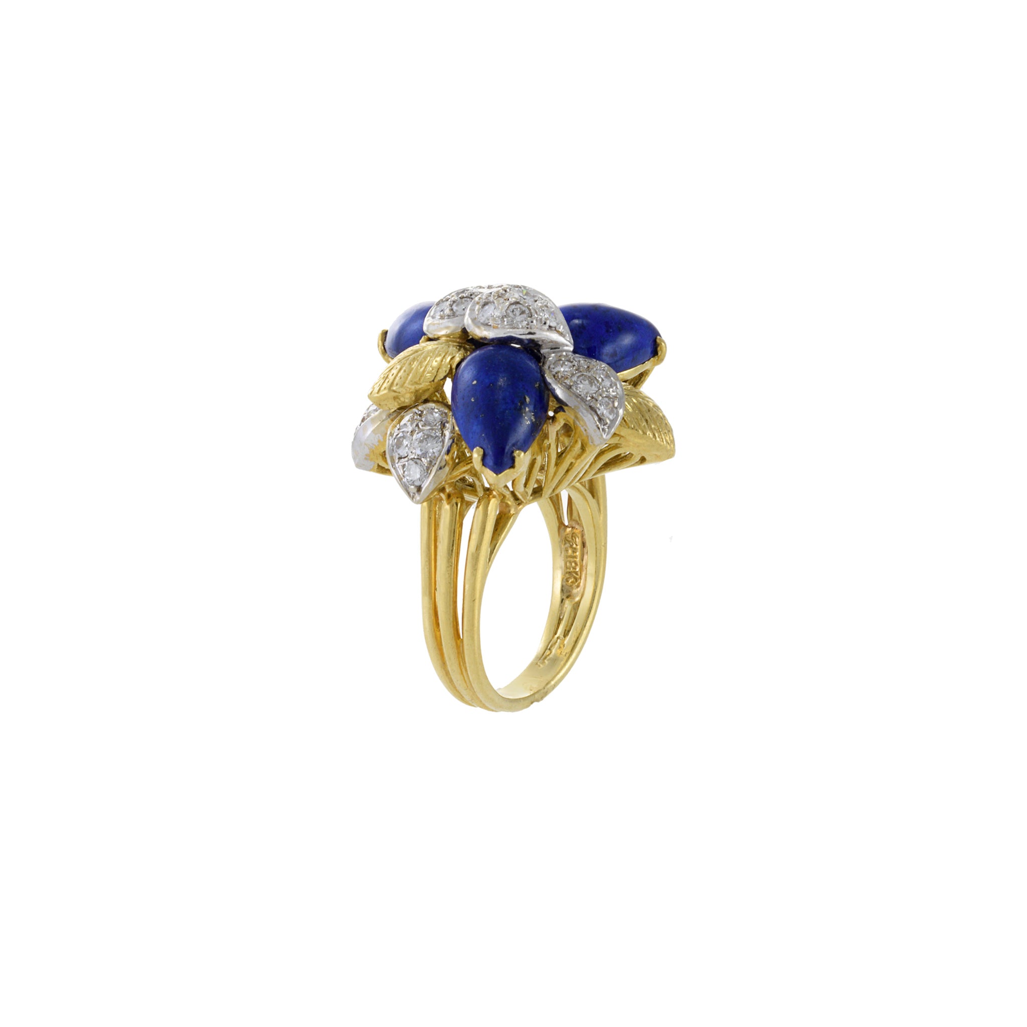 Retro Era 18KT Yellow Gold Lapis Lazuli And Diamond Flower Ring