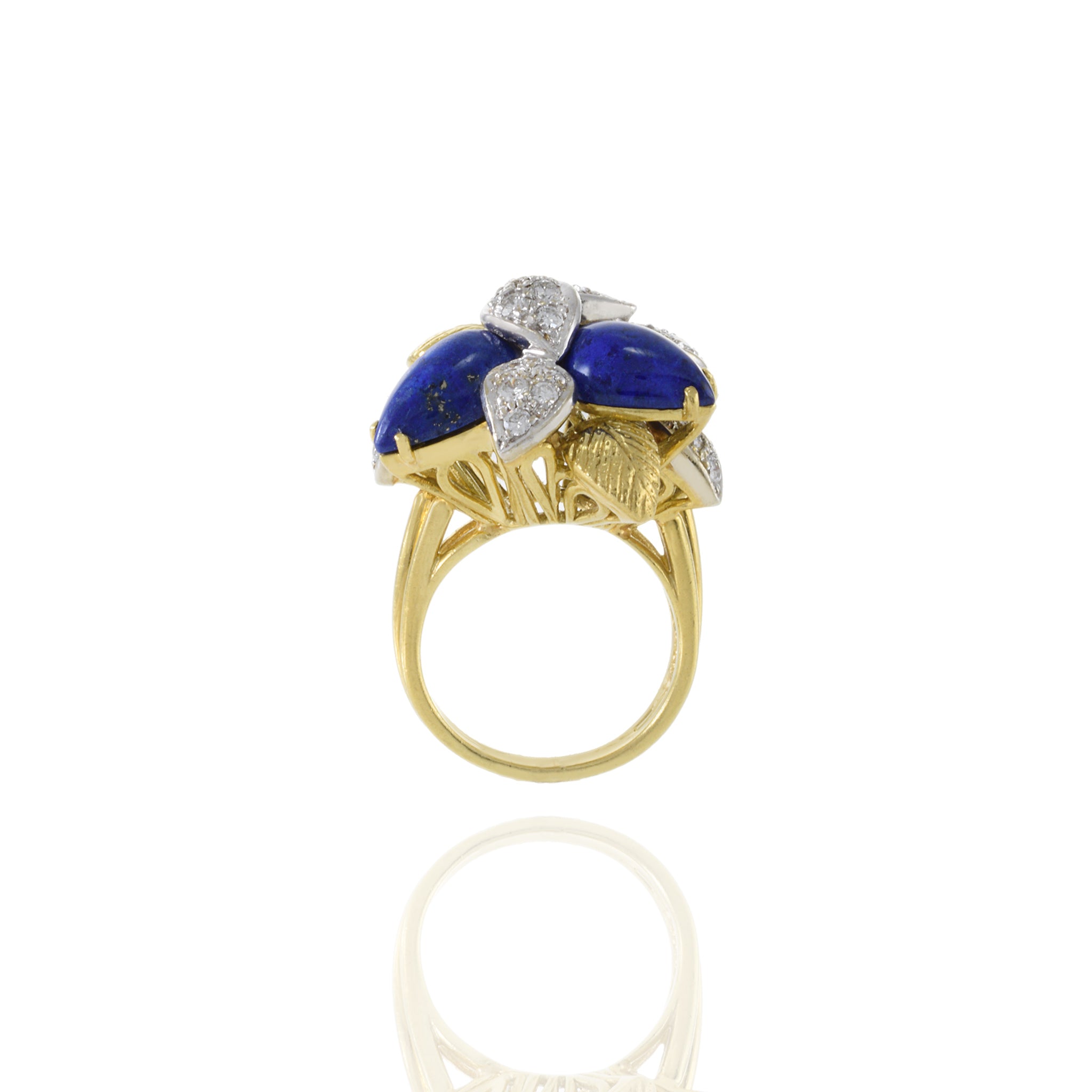 Retro Era 18KT Yellow Gold Lapis Lazuli And Diamond Flower Ring