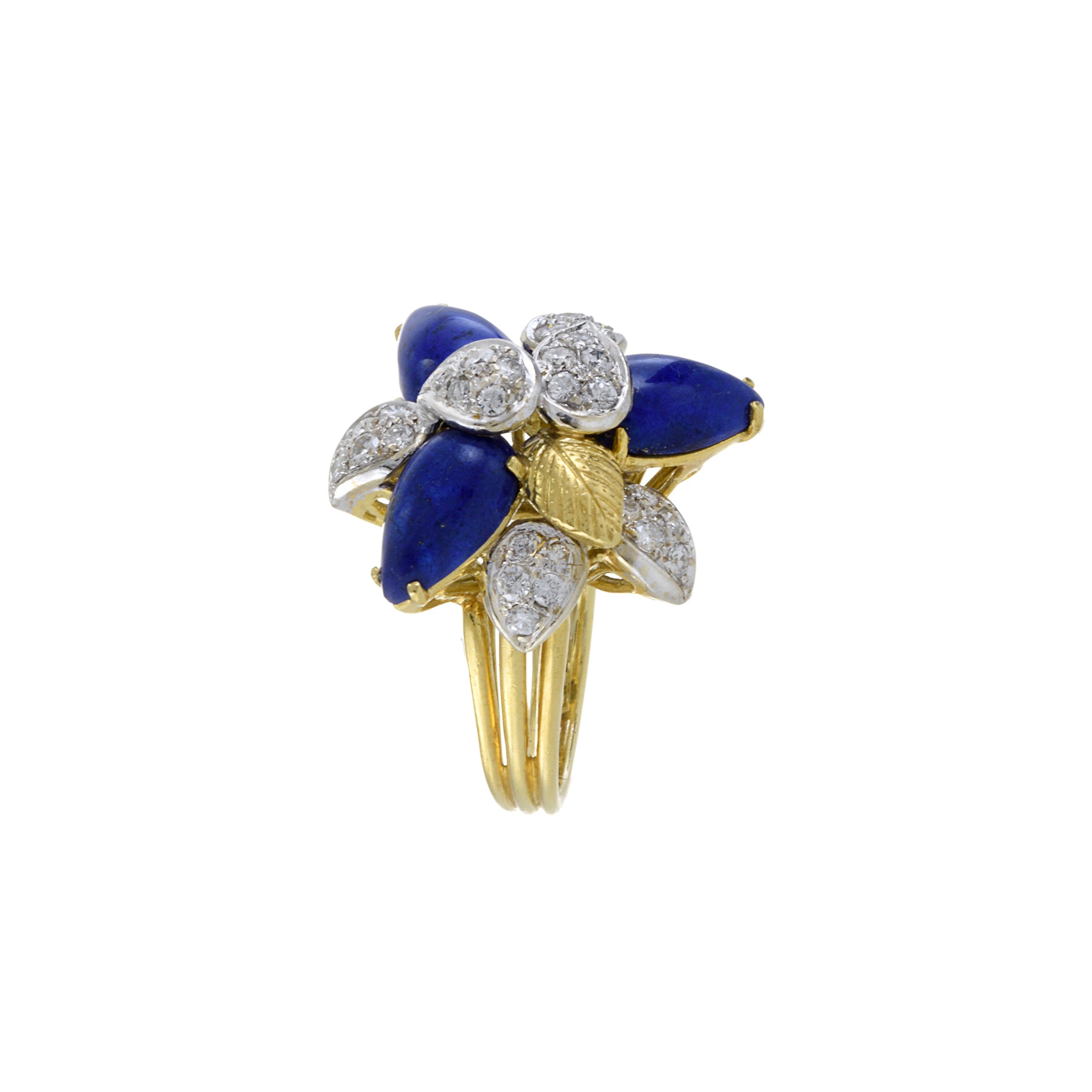 Retro Era 18KT Yellow Gold Lapis Lazuli And Diamond Flower Ring