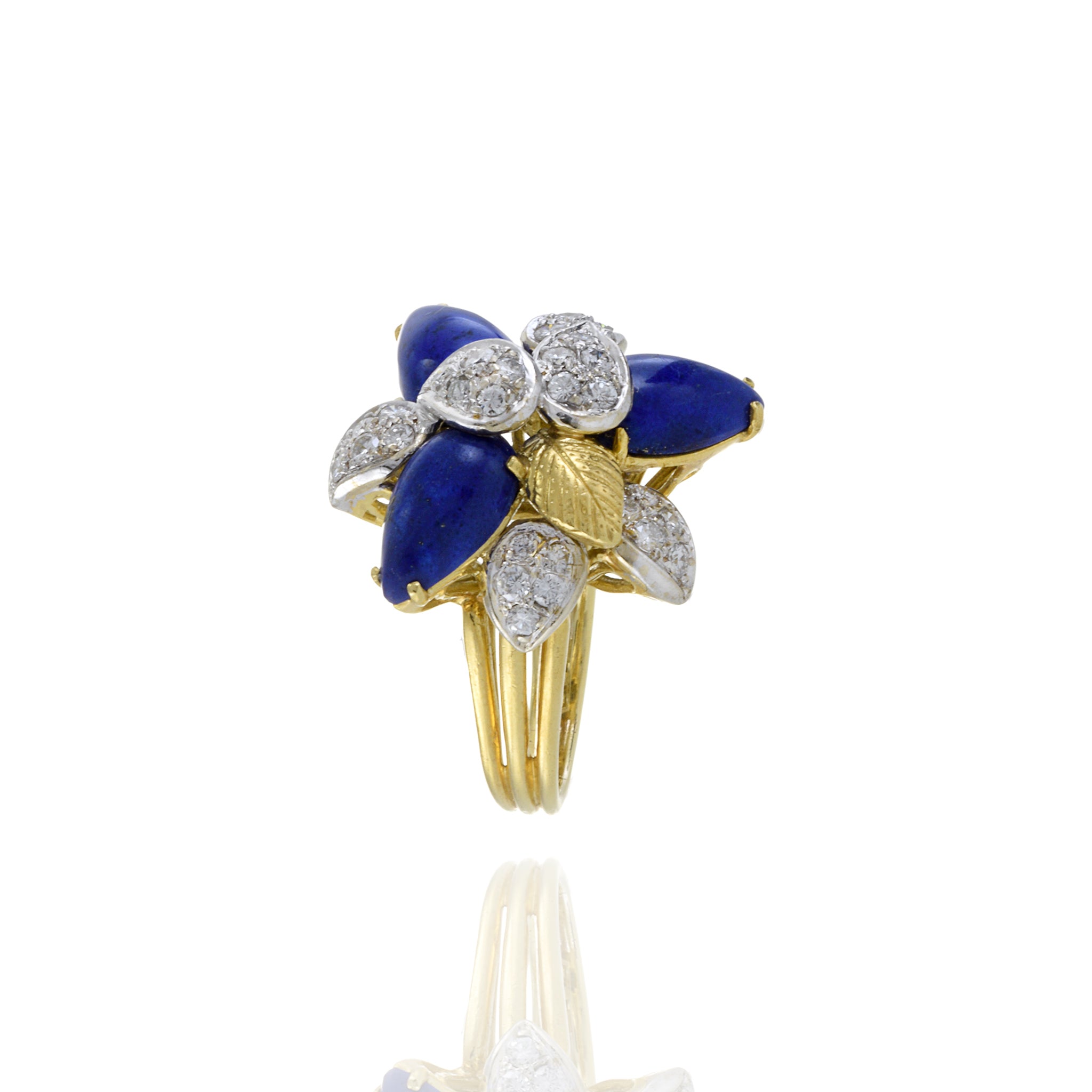 Retro Era 18KT Yellow Gold Lapis Lazuli And Diamond Flower Ring