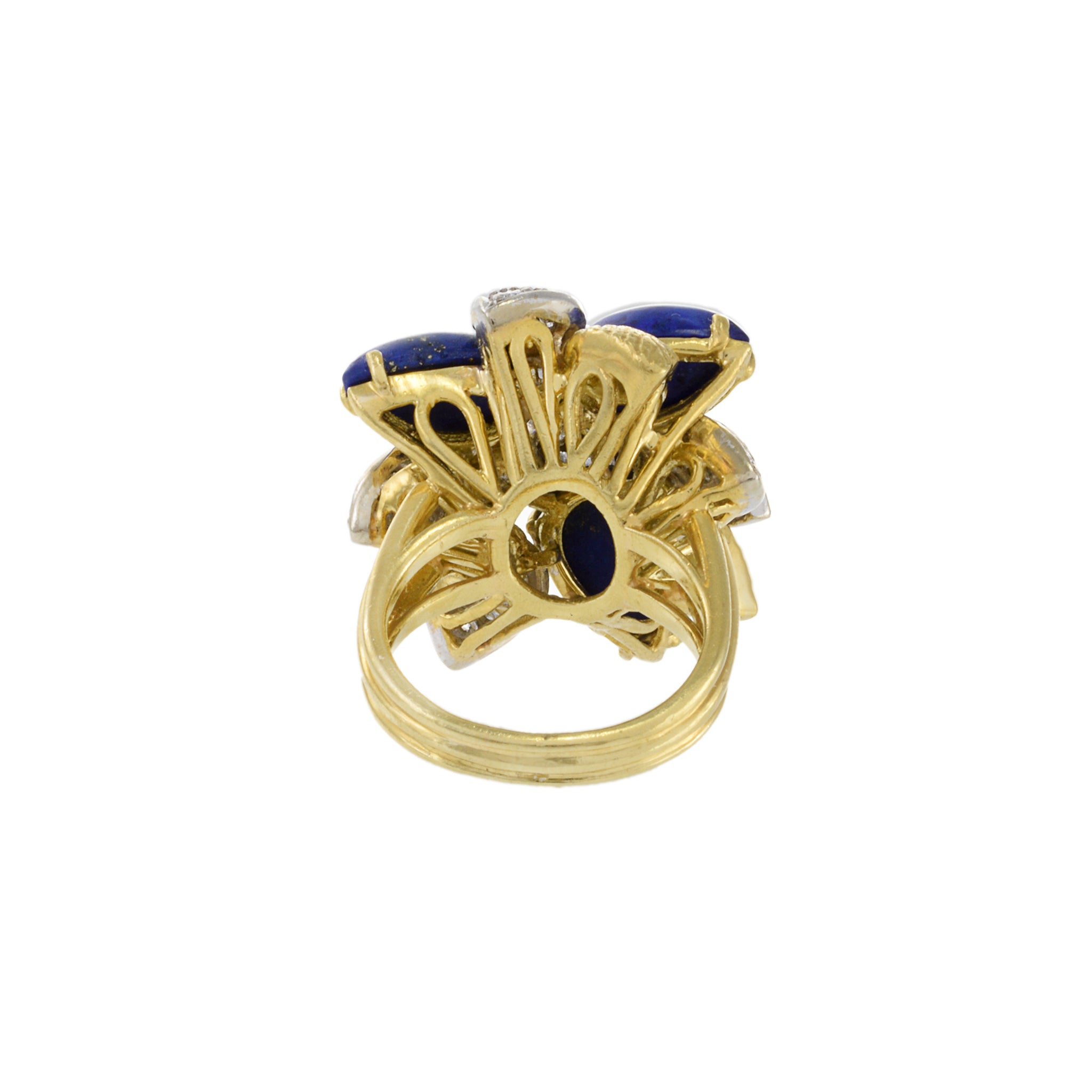 Retro Era 18KT Yellow Gold Lapis Lazuli And Diamond Flower Ring