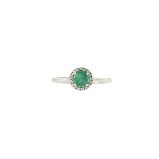 18KT White Gold Round Cut Diamond and Emerald Ring