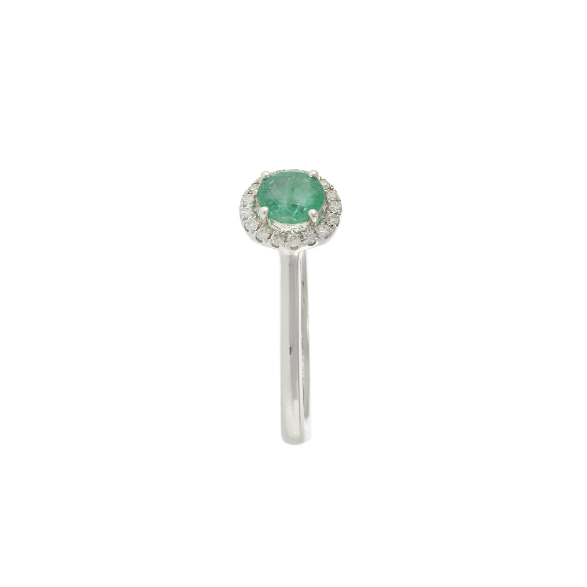 18KT White Gold Round Cut Diamond and Emerald Ring