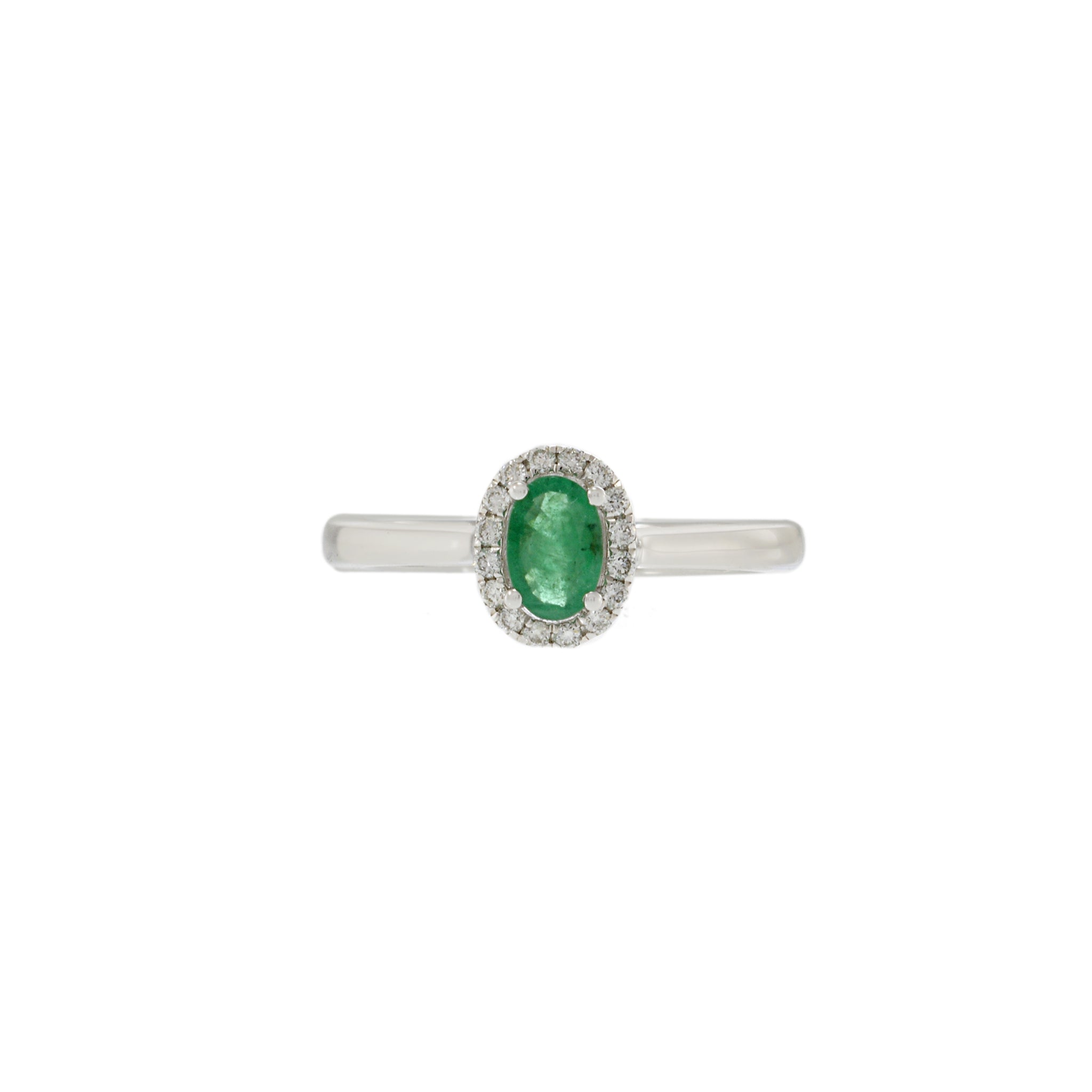 18KT White Gold Oval Emerald Halo Ring with Diamonds