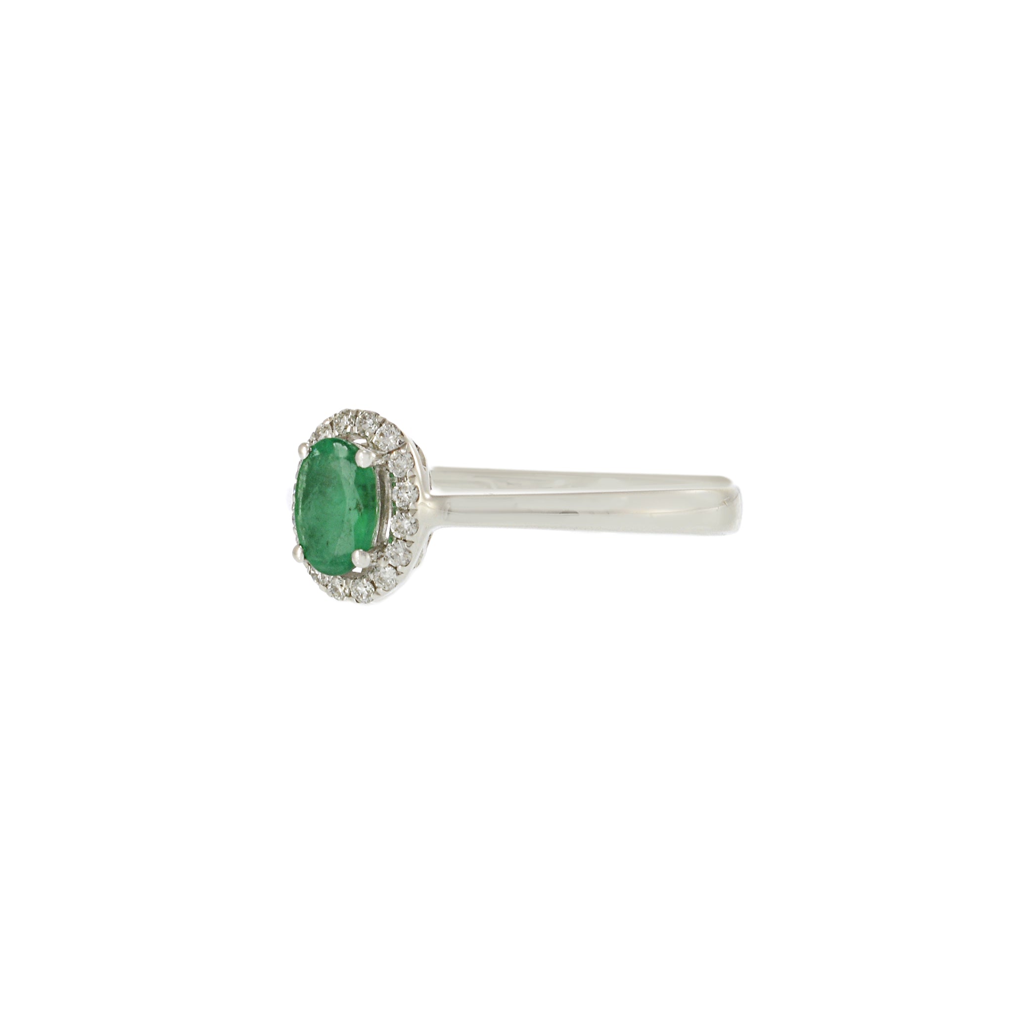 18KT White Gold Oval Emerald Halo Ring with Diamonds