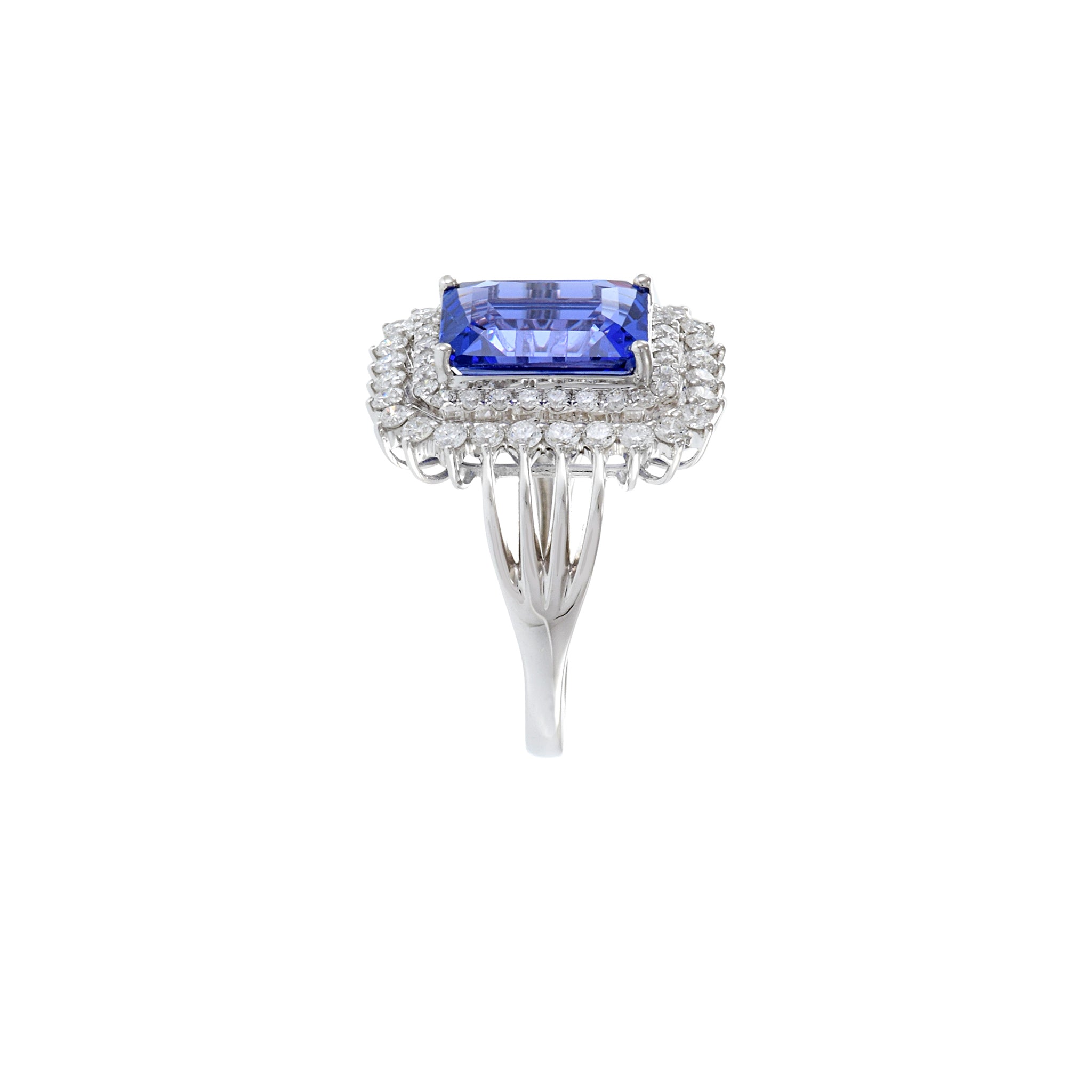 18KT White Gold Emerald Cut Tanzanite And Diamond Ring