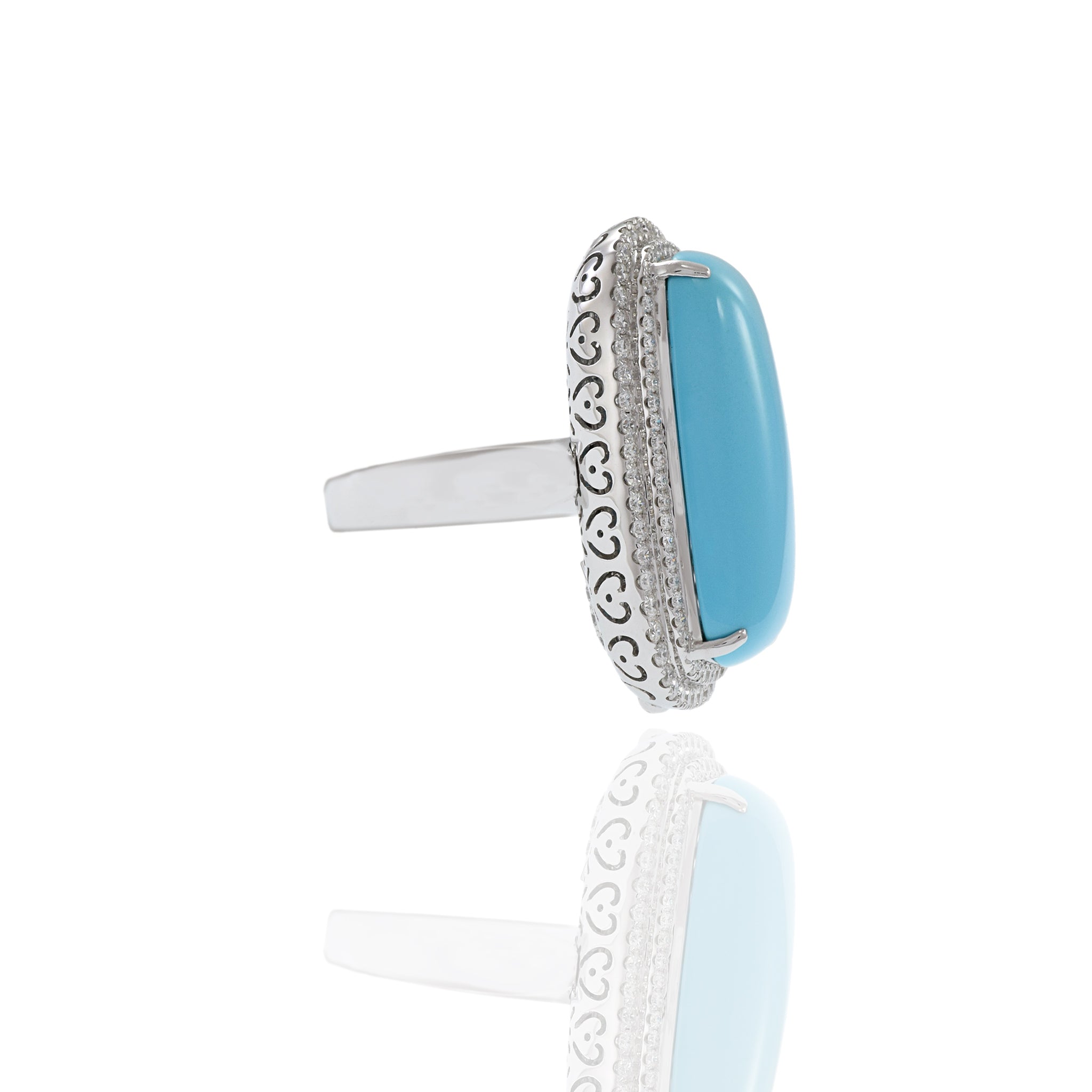 18KT White Gold Oblong Turquoise And Diamond Ring