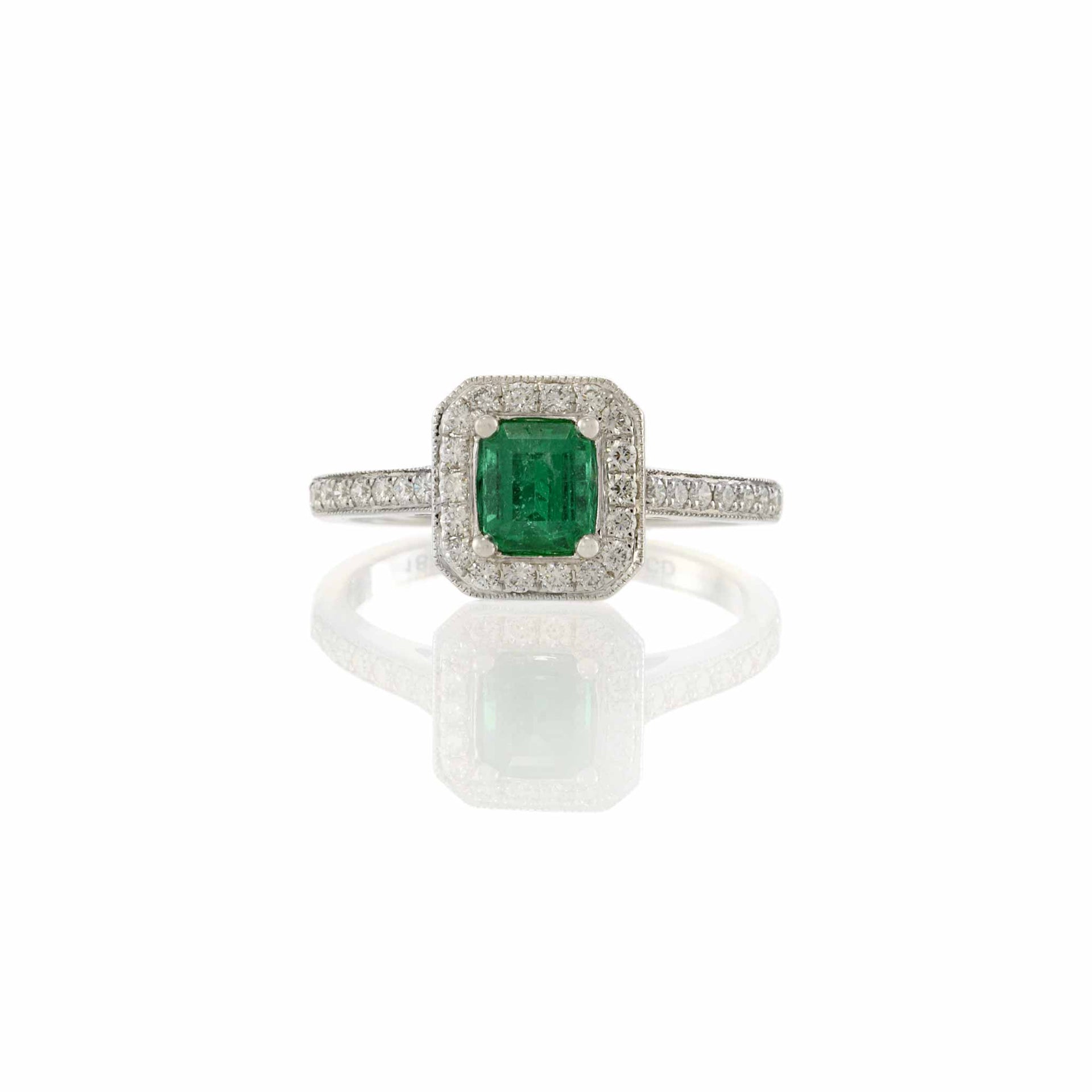 18KT White Gold Emerald and Diamond Halo Ring