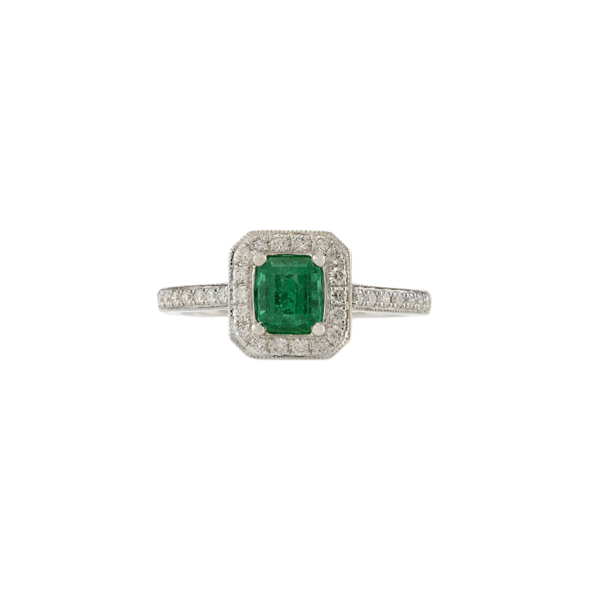 18KT White Gold Emerald and Diamond Halo Ring