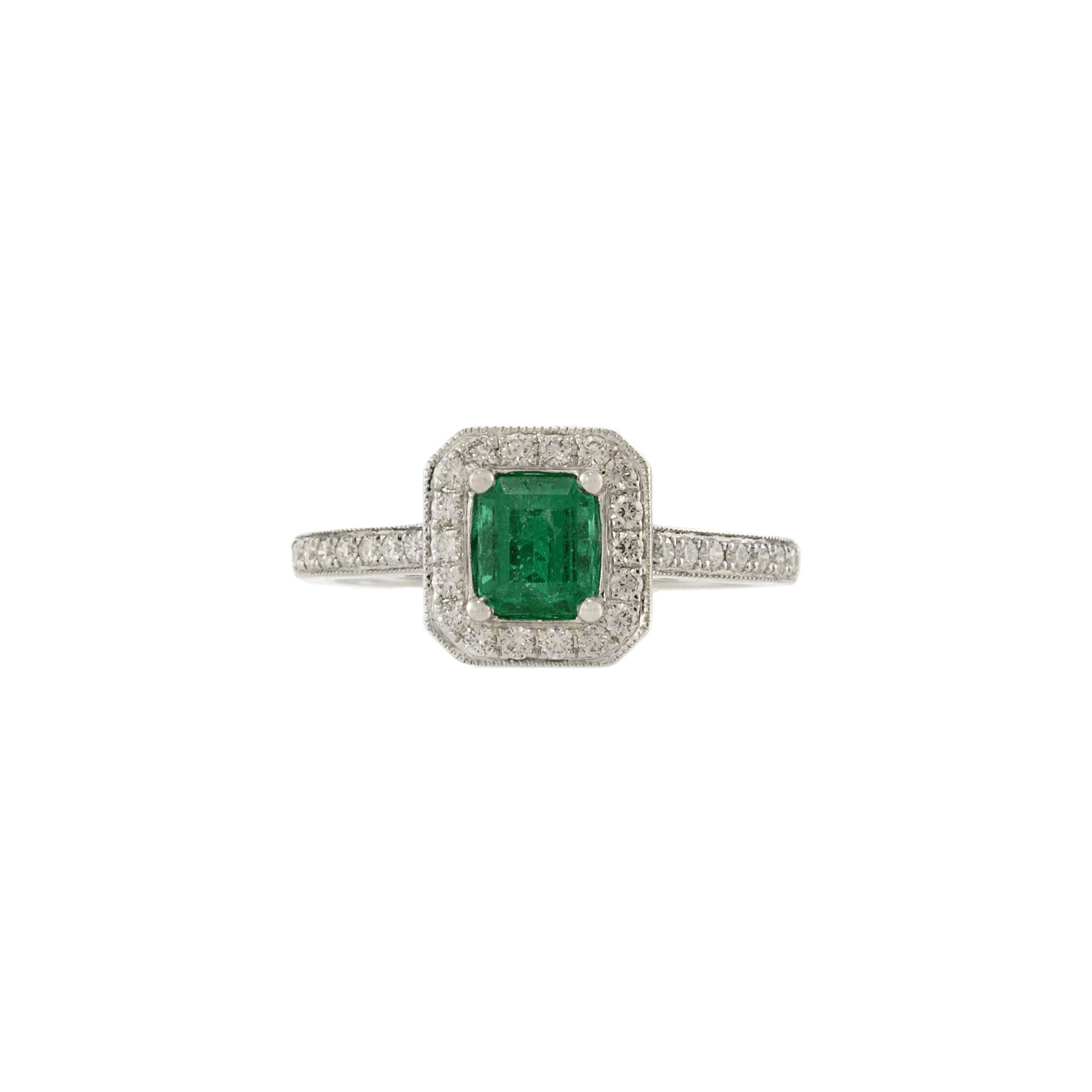 18KT White Gold Emerald and Diamond Halo Ring