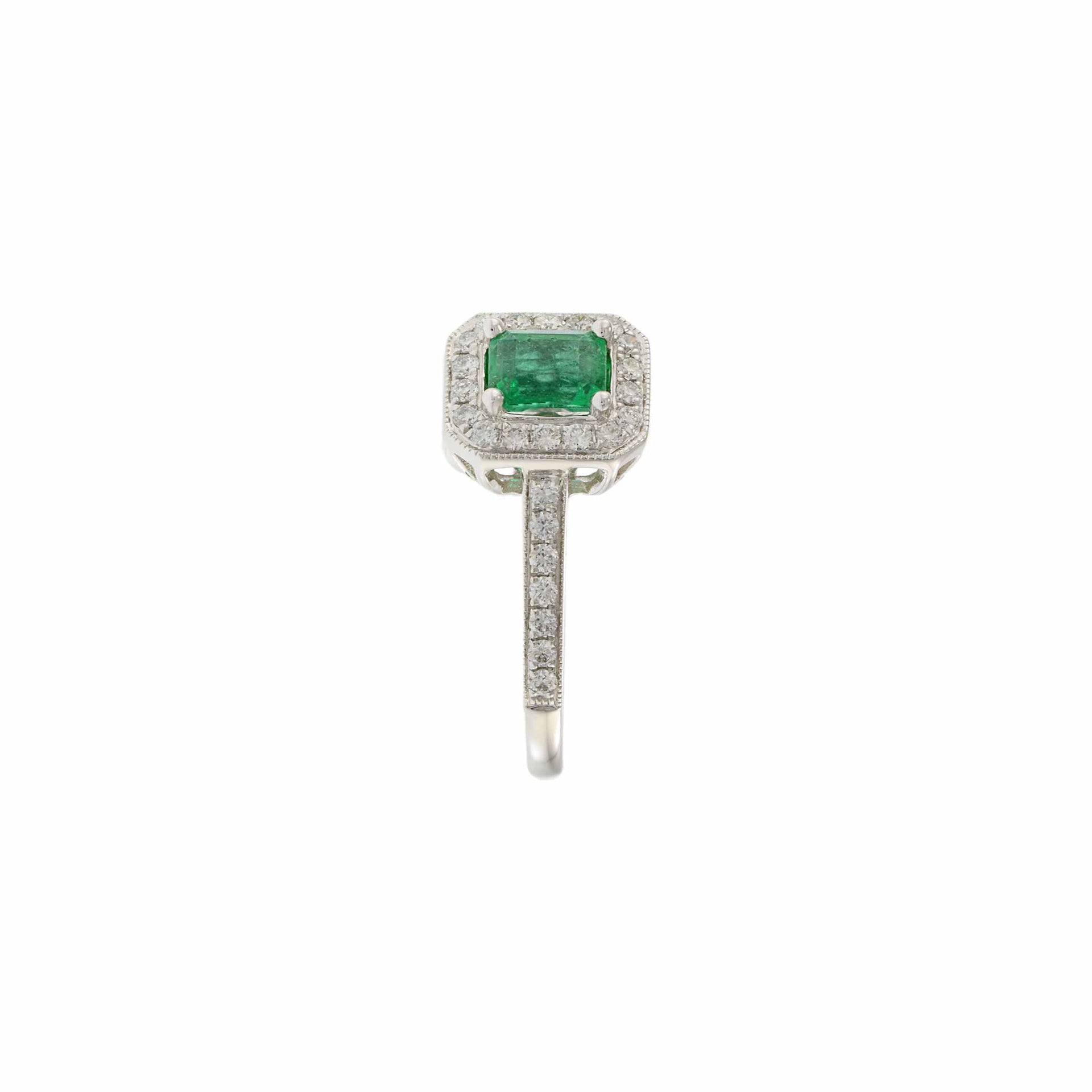 18KT White Gold Emerald and Diamond Halo Ring