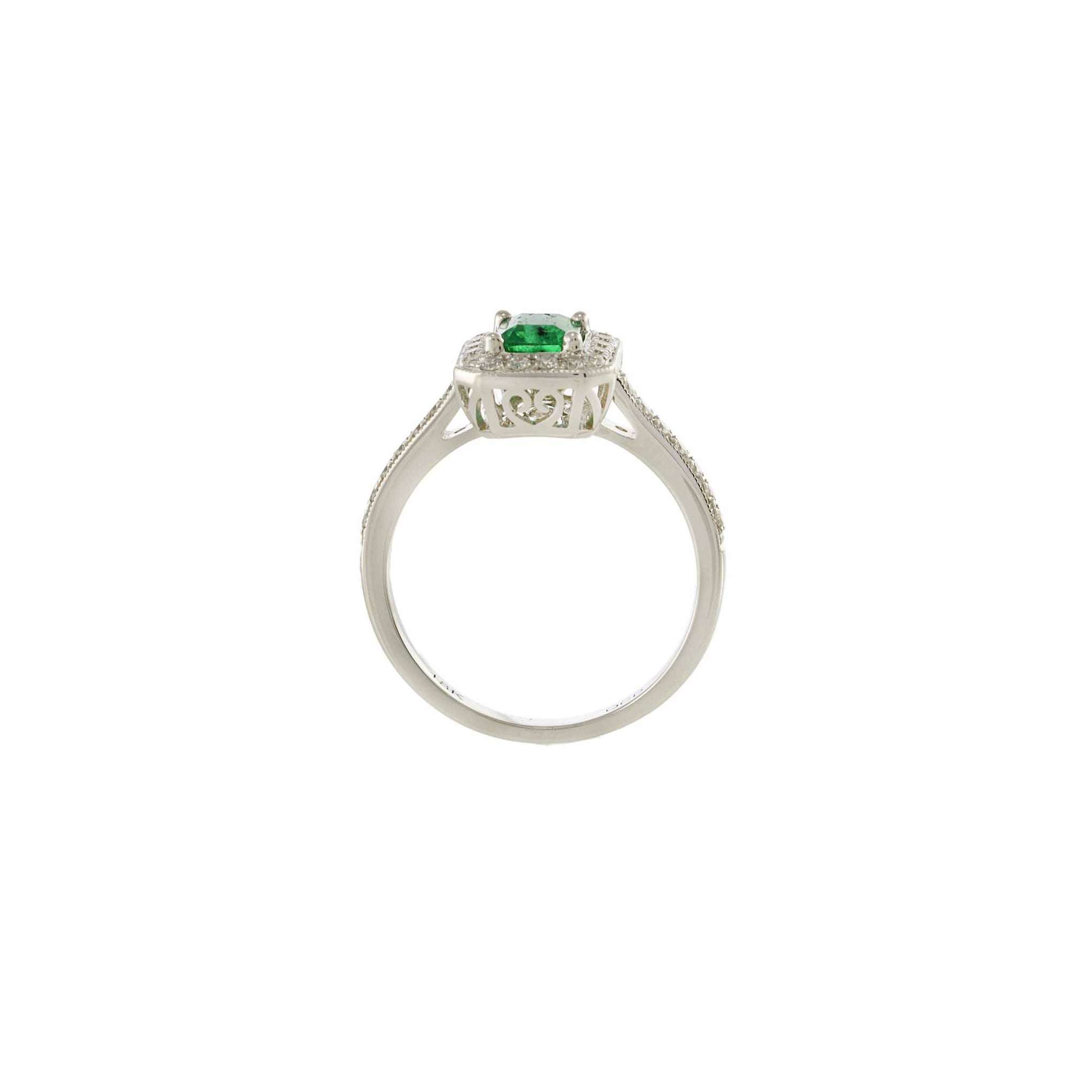 18KT White Gold Emerald and Diamond Halo Ring