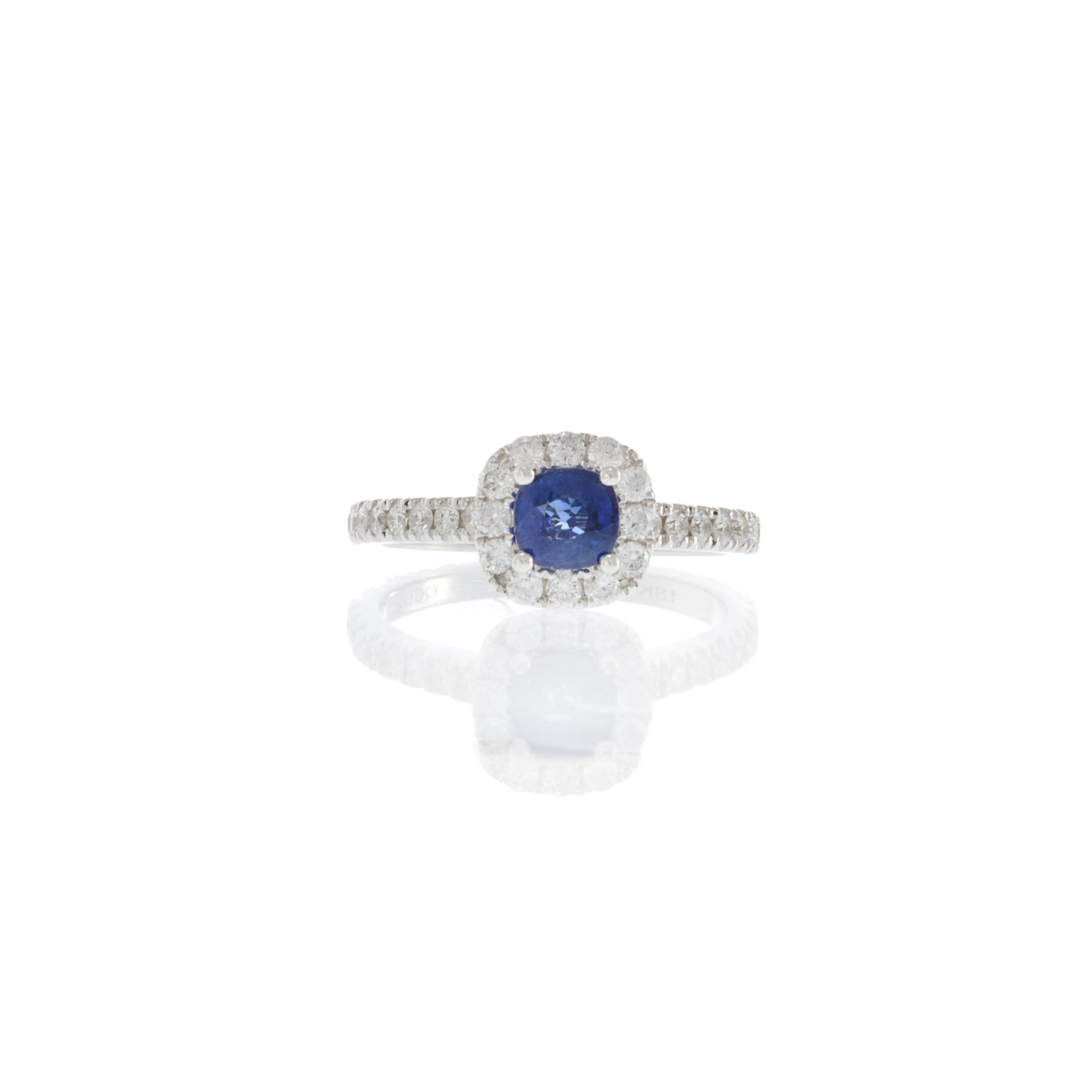 18KT White Gold Round Sapphire and Cushion Halo Diamond Ring