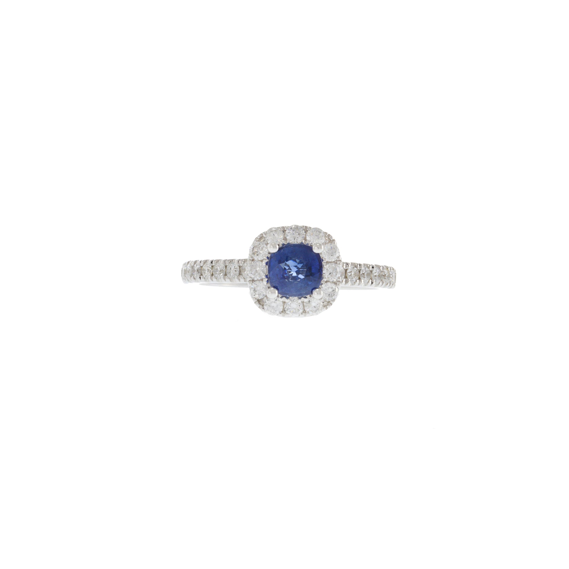 18KT White Gold Round Sapphire and Cushion Halo Diamond Ring