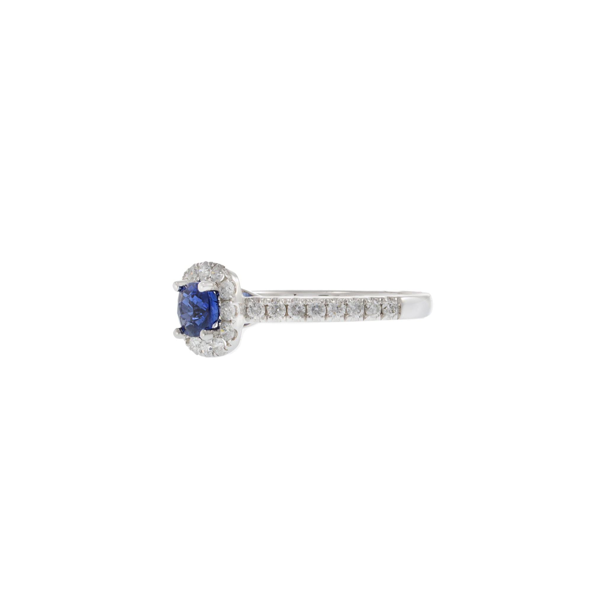 18KT White Gold Round Sapphire and Cushion Halo Diamond Ring