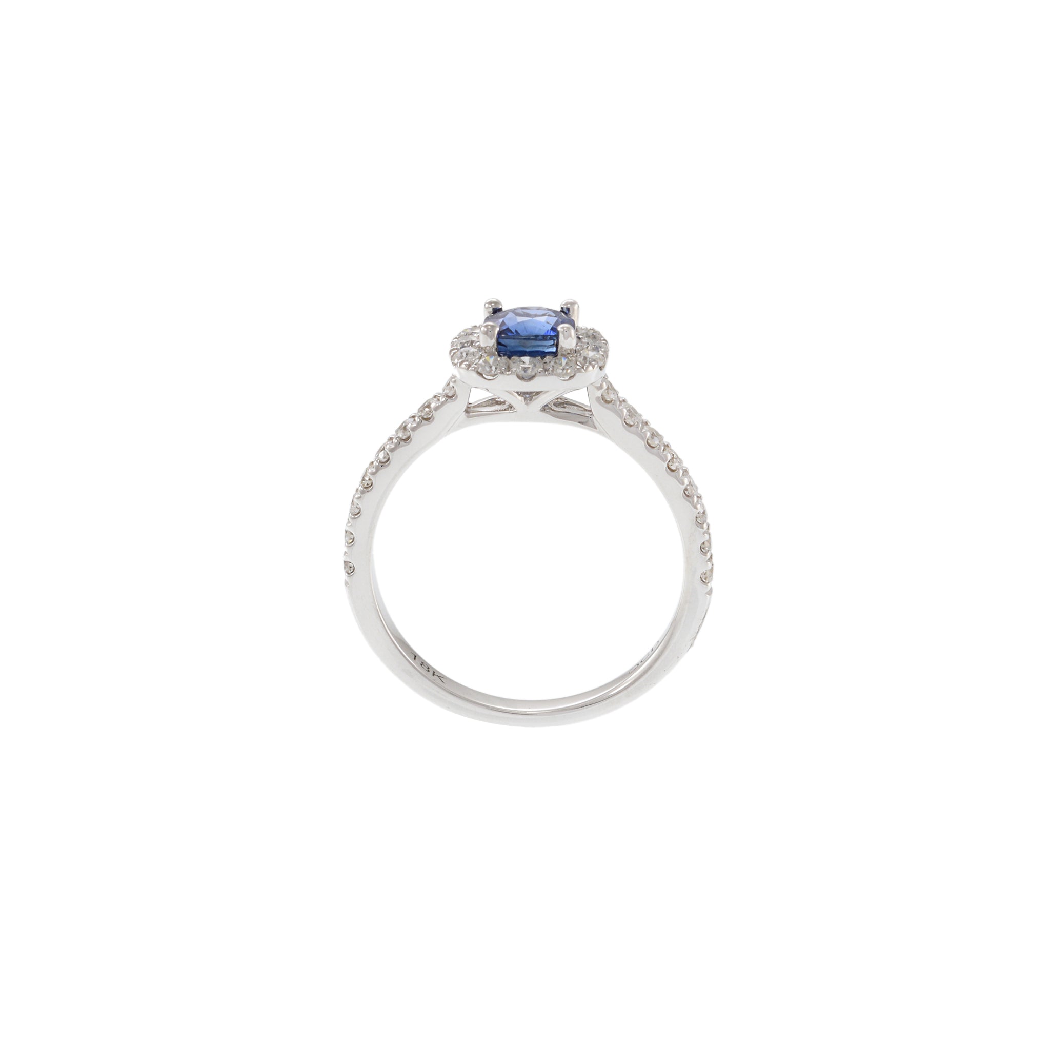 18KT White Gold Round Sapphire and Cushion Halo Diamond Ring