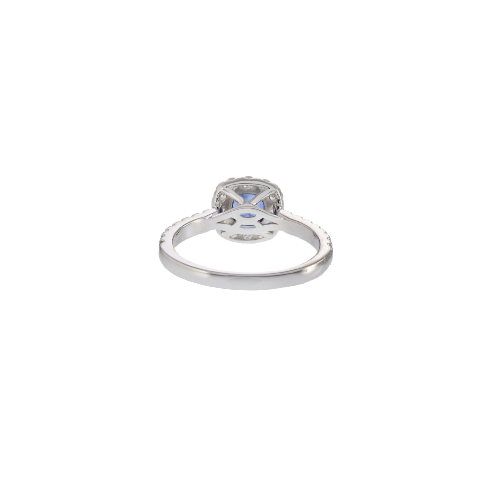 18KT White Gold Round Sapphire and Cushion Halo Diamond Ring