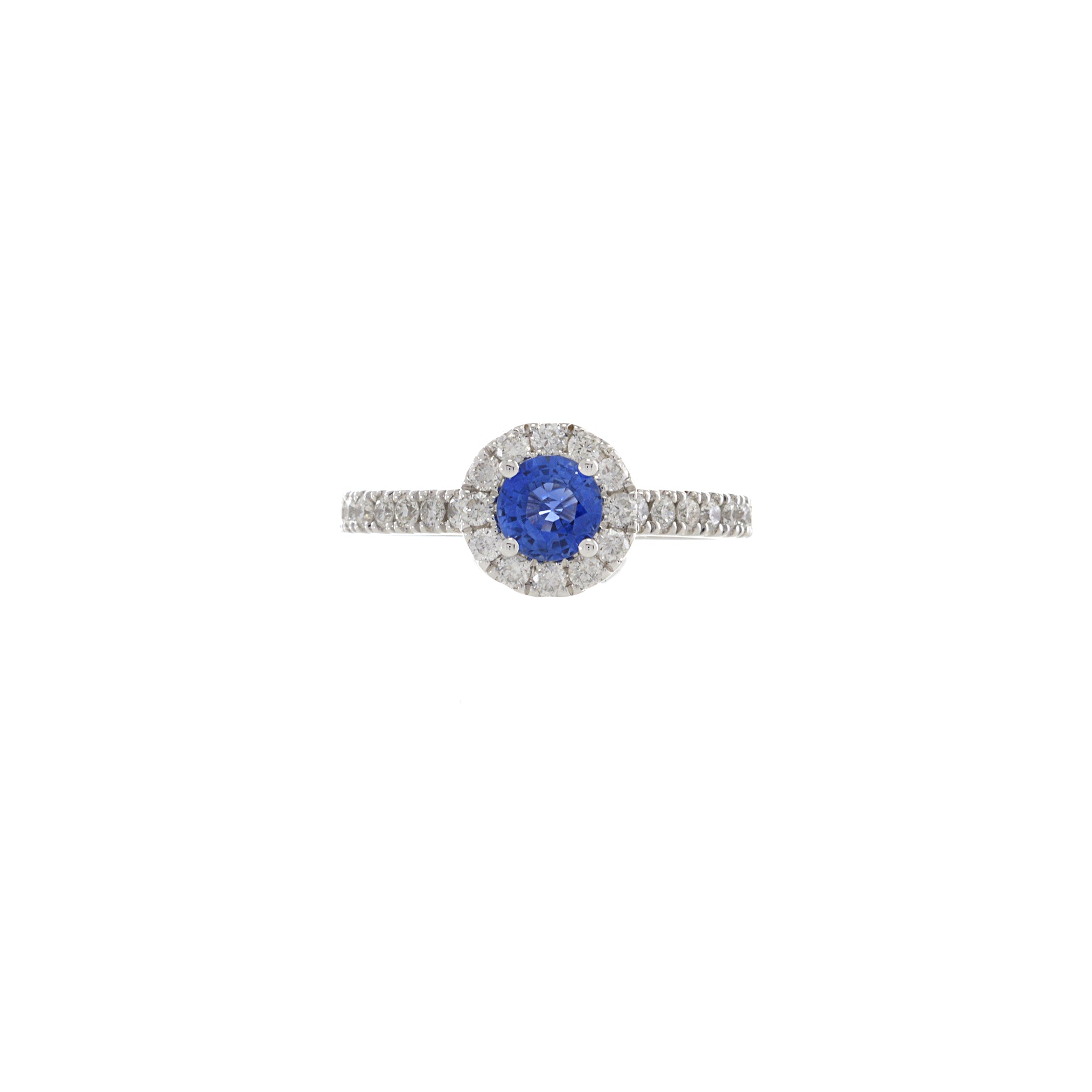 18KT White Gold Round Sapphire and Diamond Halo Ring